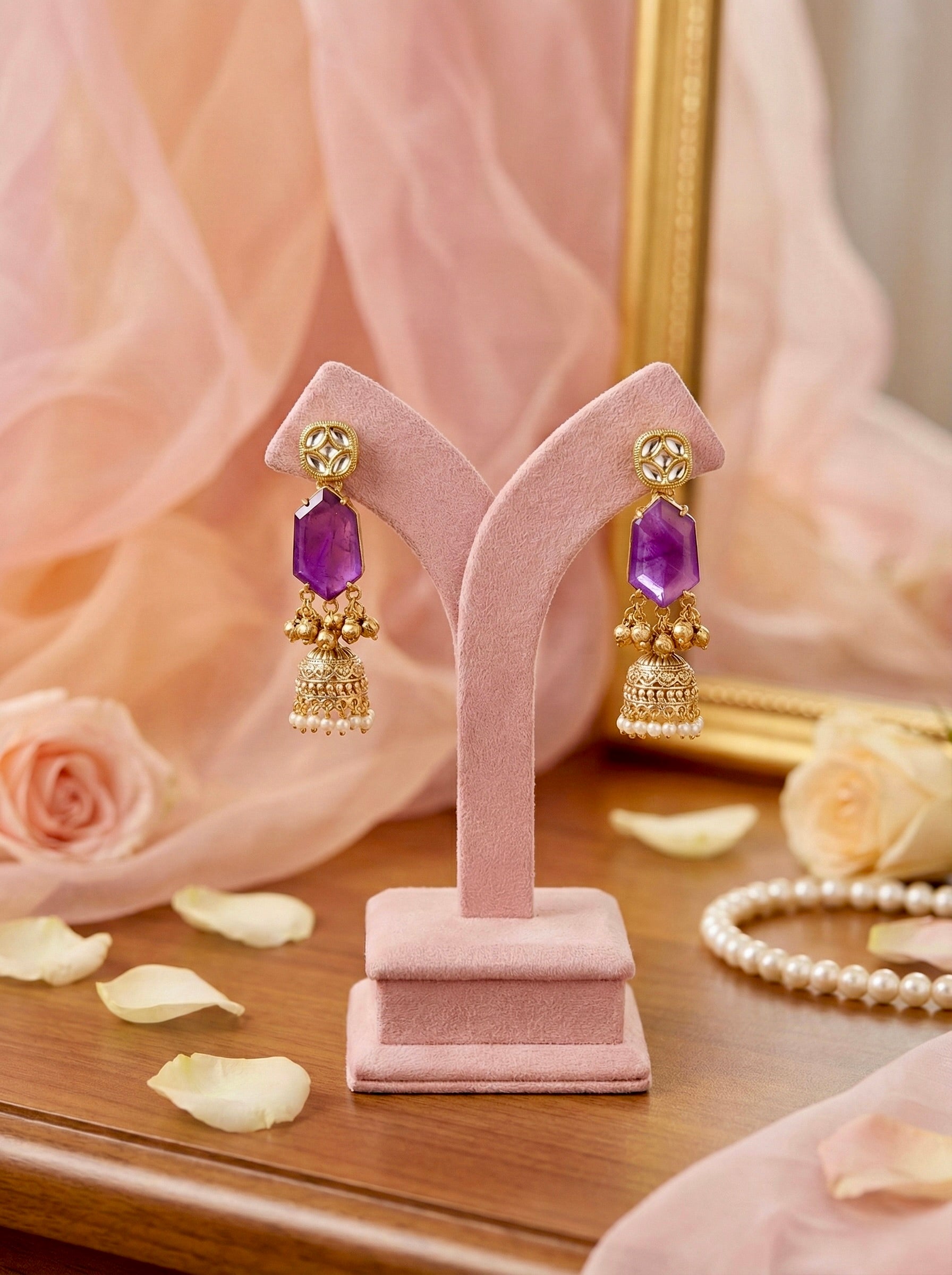 Ethnic Kundan Stud Purple Jhumka Earrings – Lightweight Traditional Earrings