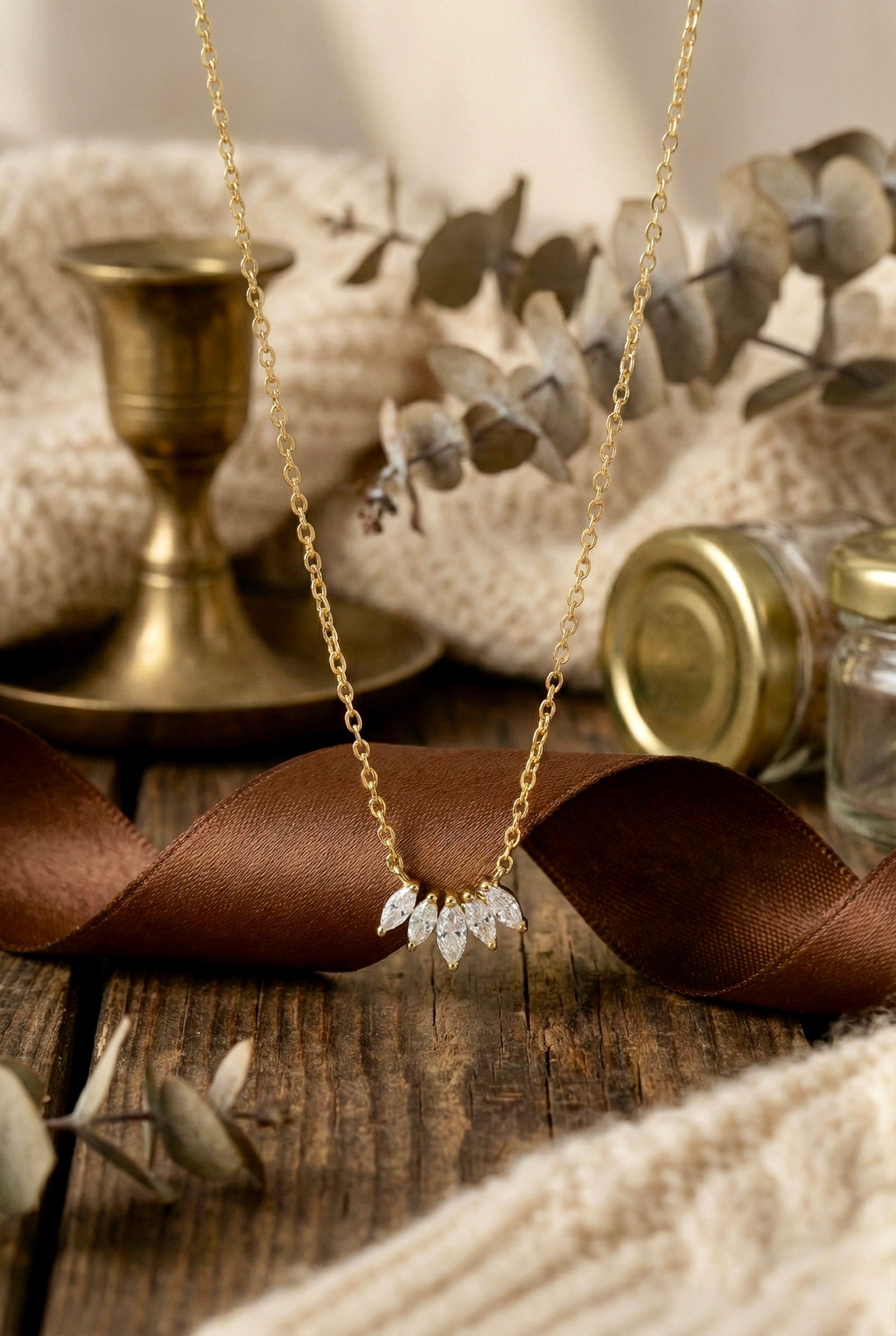 Lunea bloom CZ cluster pendant necklace with anti-tarnish gold finish by Sajheera