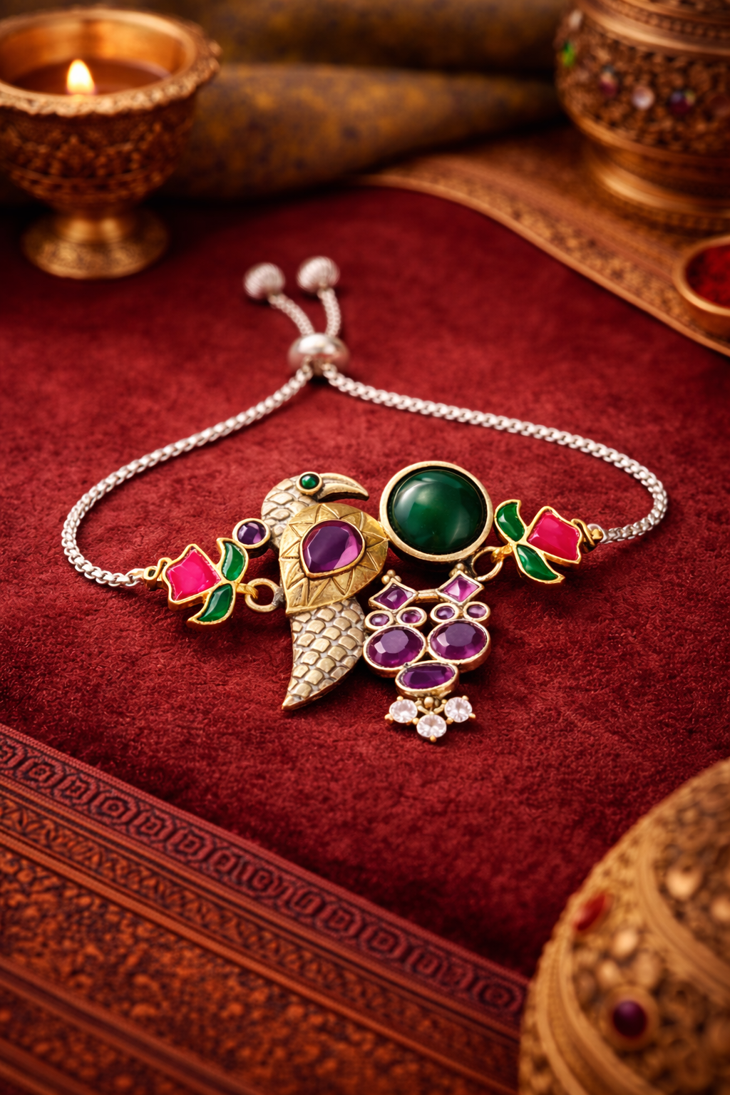 Close-up details of Mayura Ratna silver bracelet showing peacock enamel detail and gemstone charms in emerald green