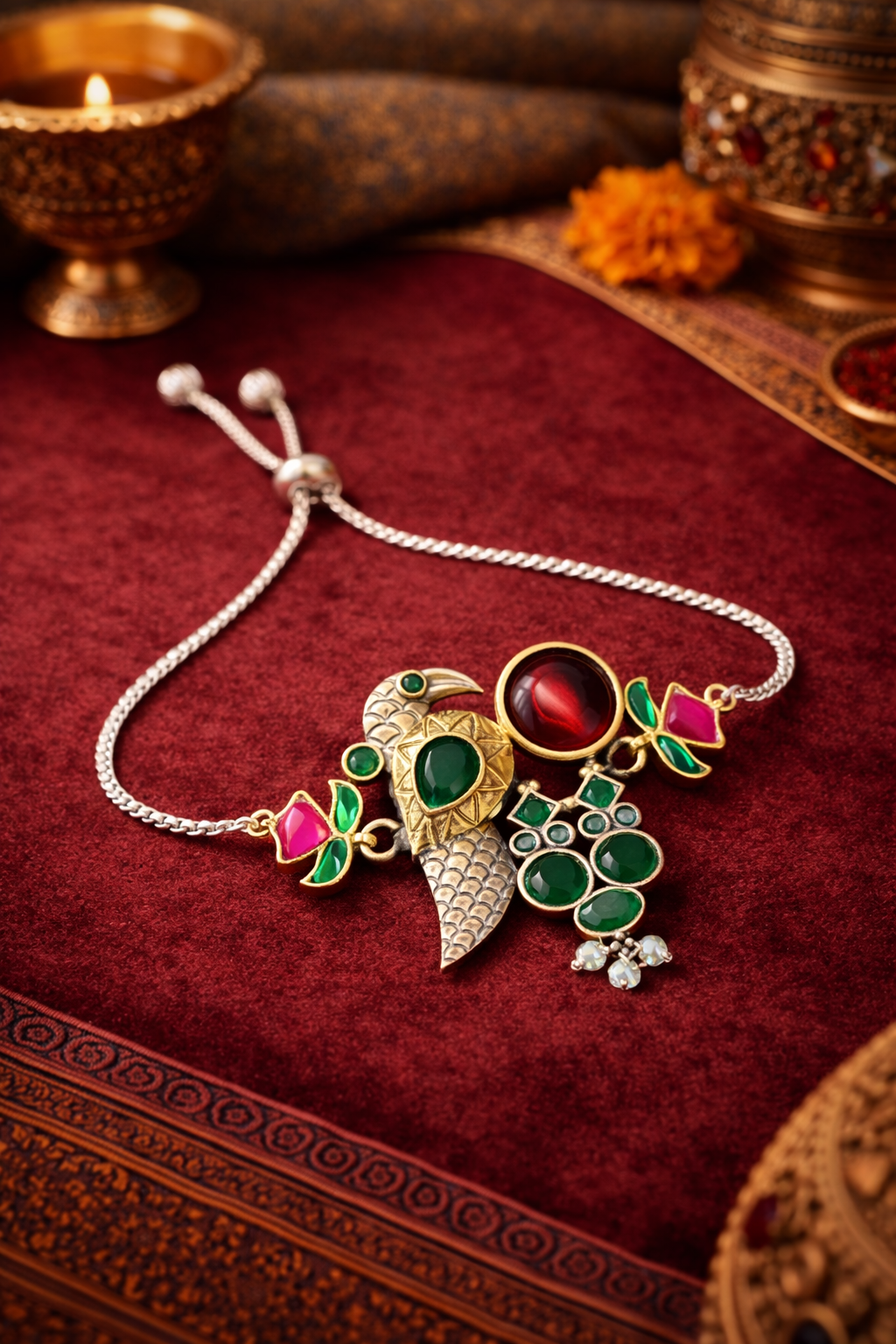 Close-up details of Mayura Ratna silver bracelet showing peacock enamel detail and gemstone charms in ruby red