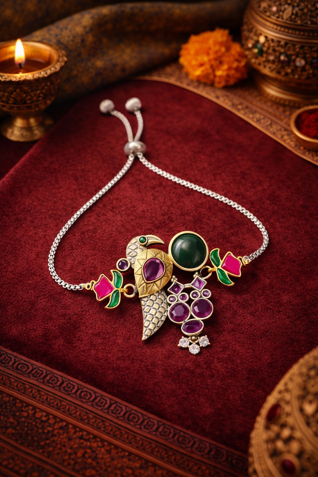 Mayura Ratna adjustable silver bracelet with peacock motif, enamel work and gemstone charms in emerald green