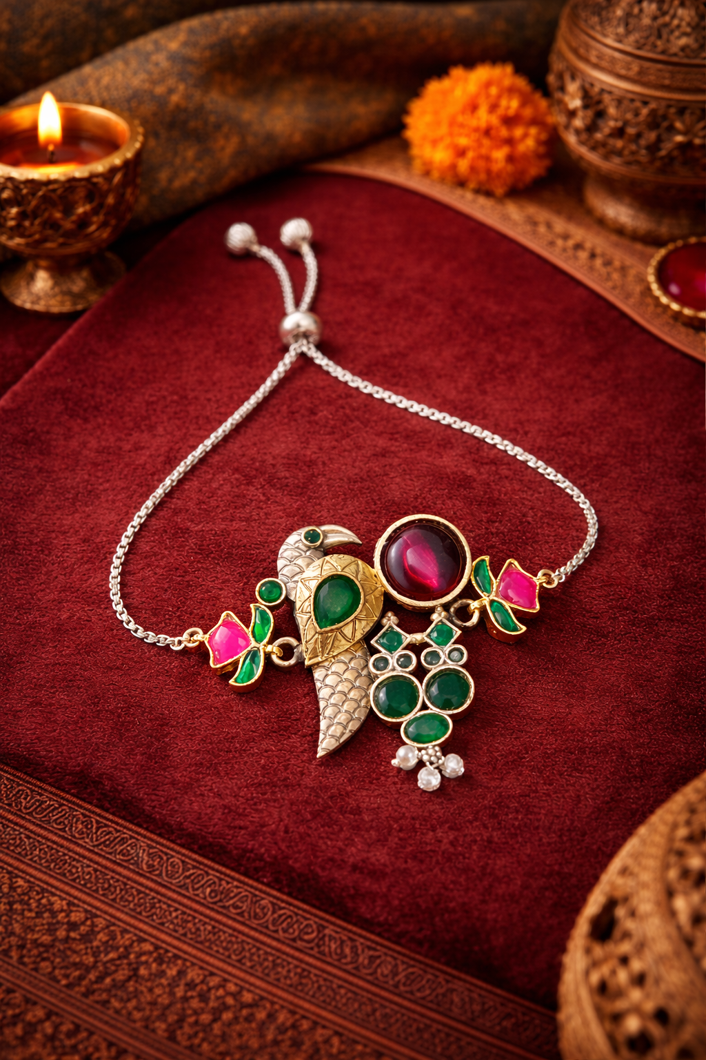 Mayura Ratna adjustable silver bracelet with peacock motif, enamel work and gemstone charms in ruby red