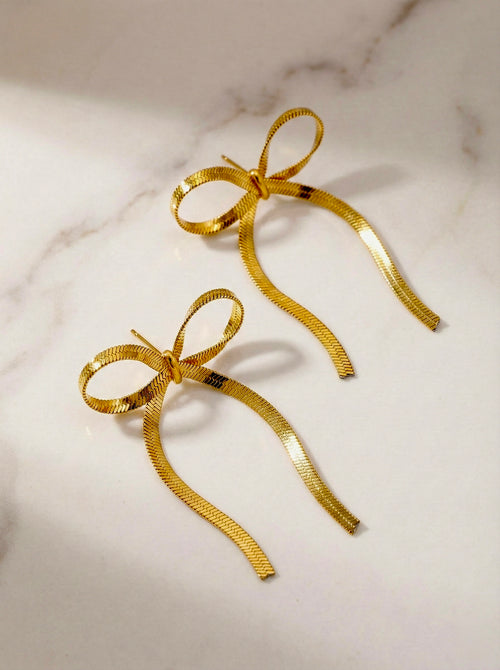Bow Knot Drop Earrings, waterproof anti-tarnish gold finish – Sajheera, view 2