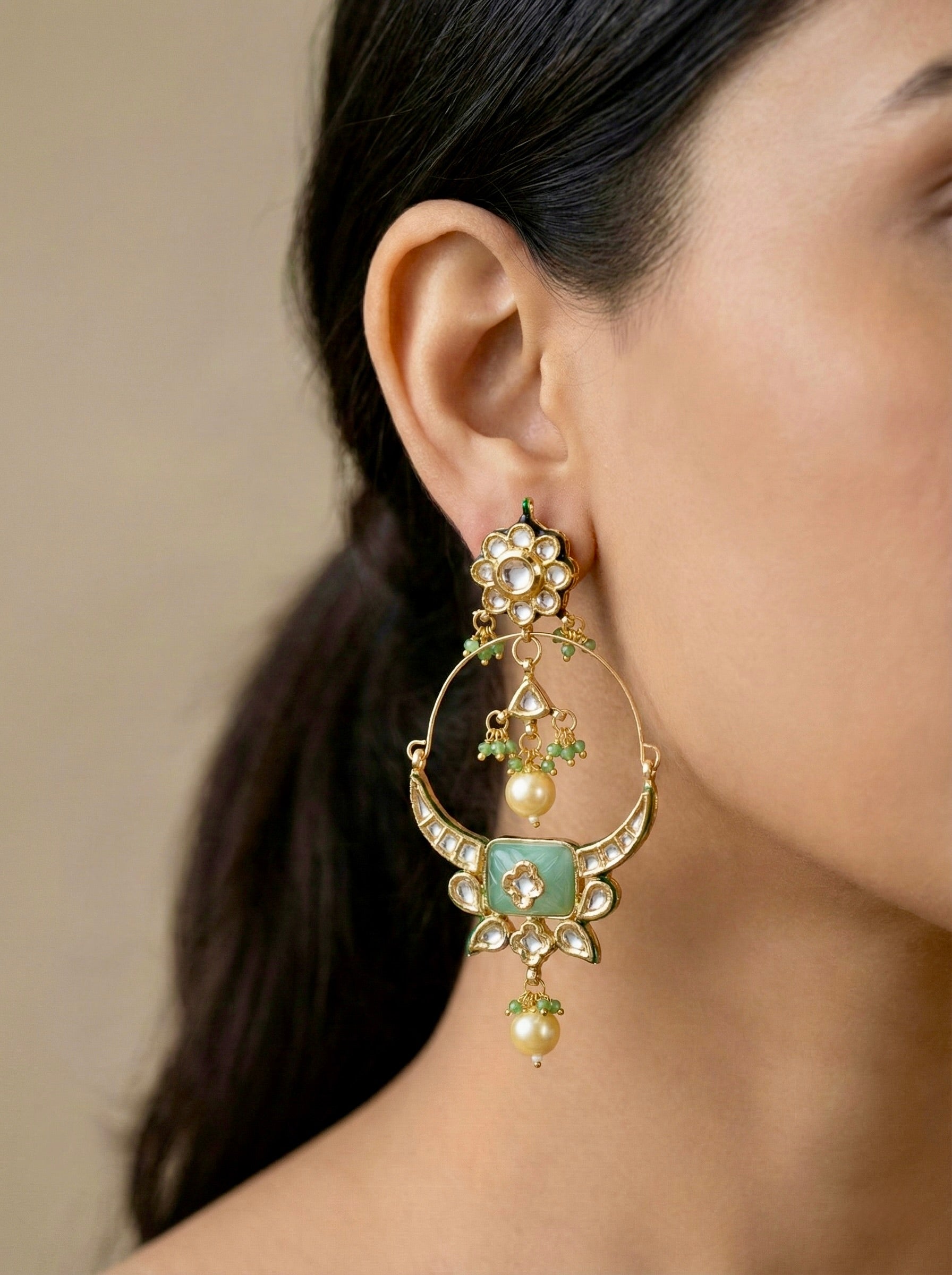 raditional Ethnic Earrings with Mint Green Kundan & Pearls