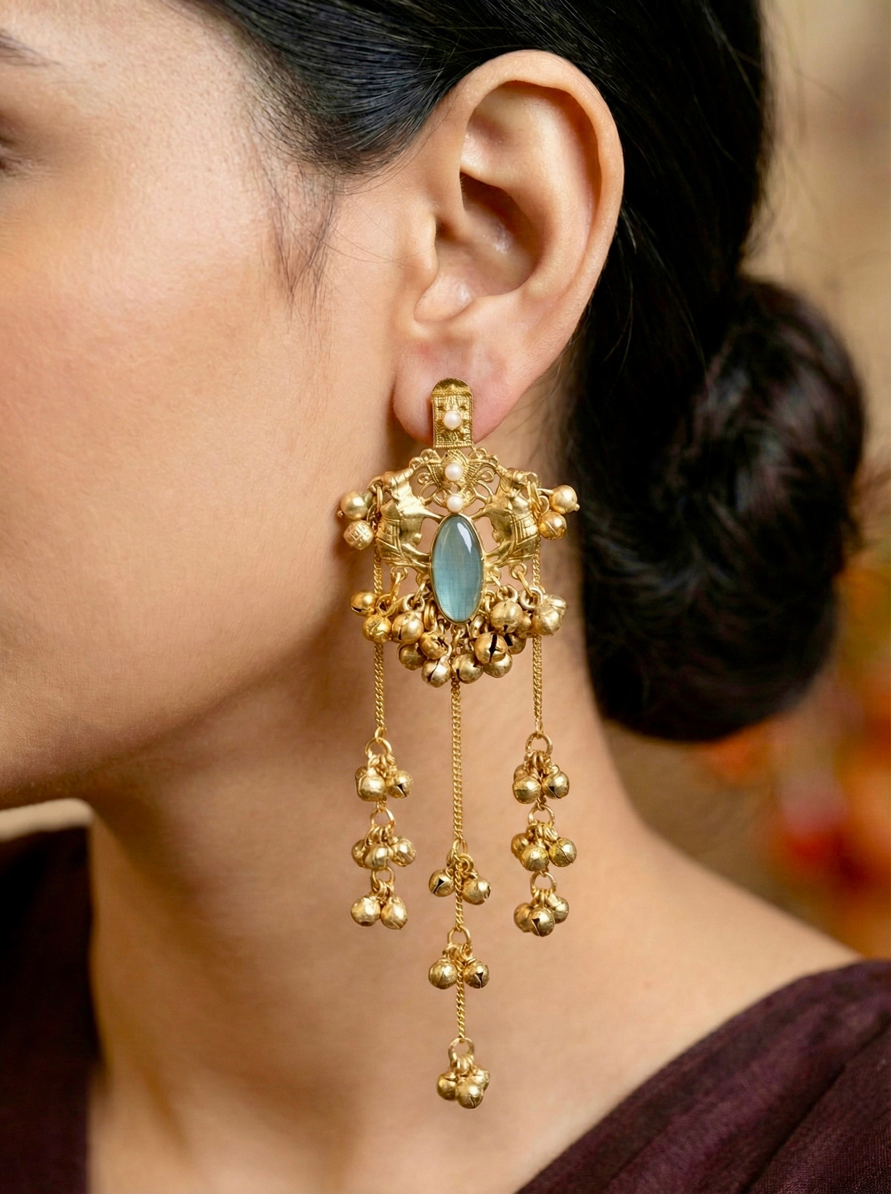 Festive Mint Green Jhumar Anklet-Style Earrings with Ghungroo