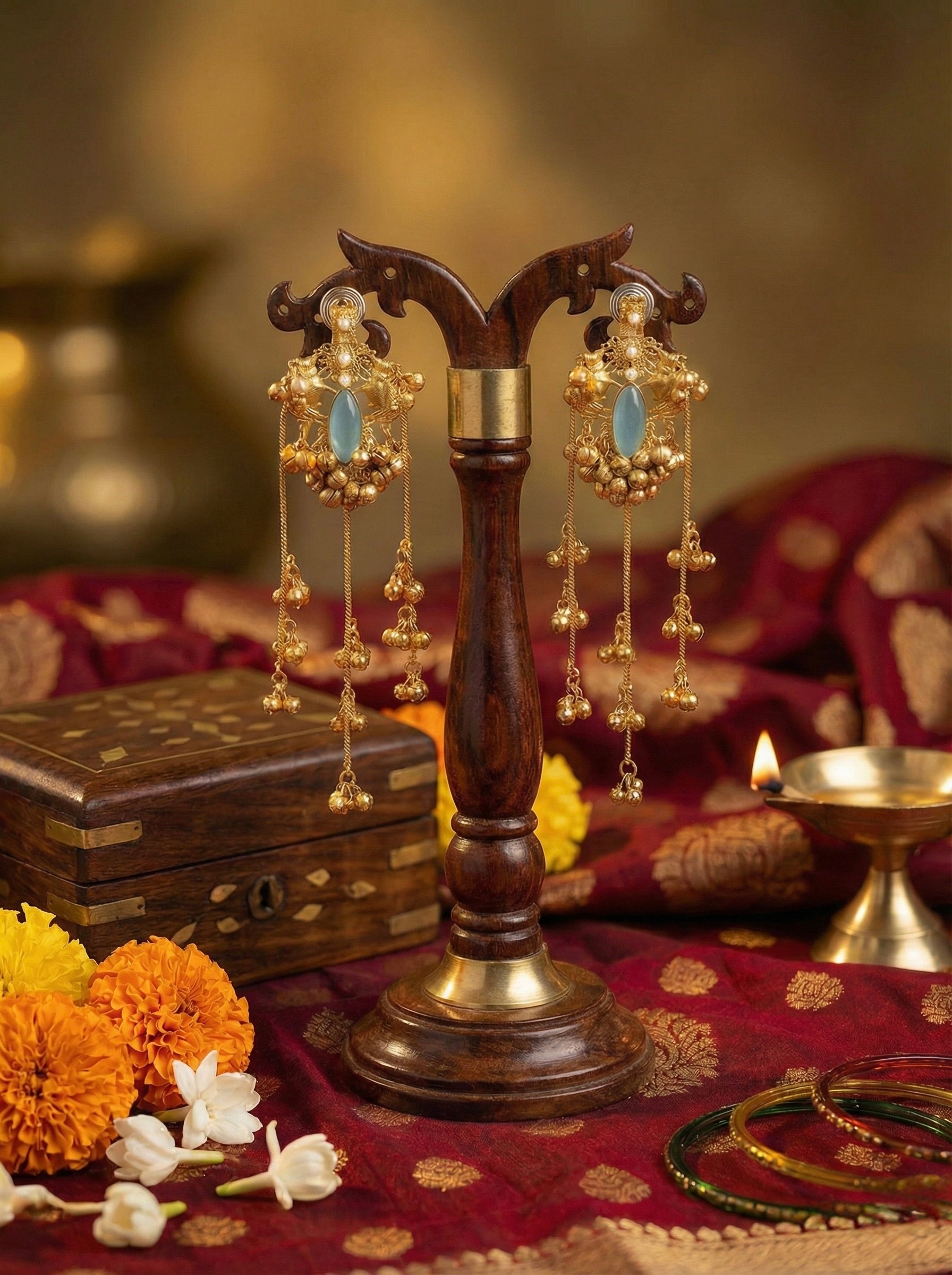 Mint Green Oval Stone Jhumar Earrings with Antique Gold and Long Tassel Ghungroo Danglers