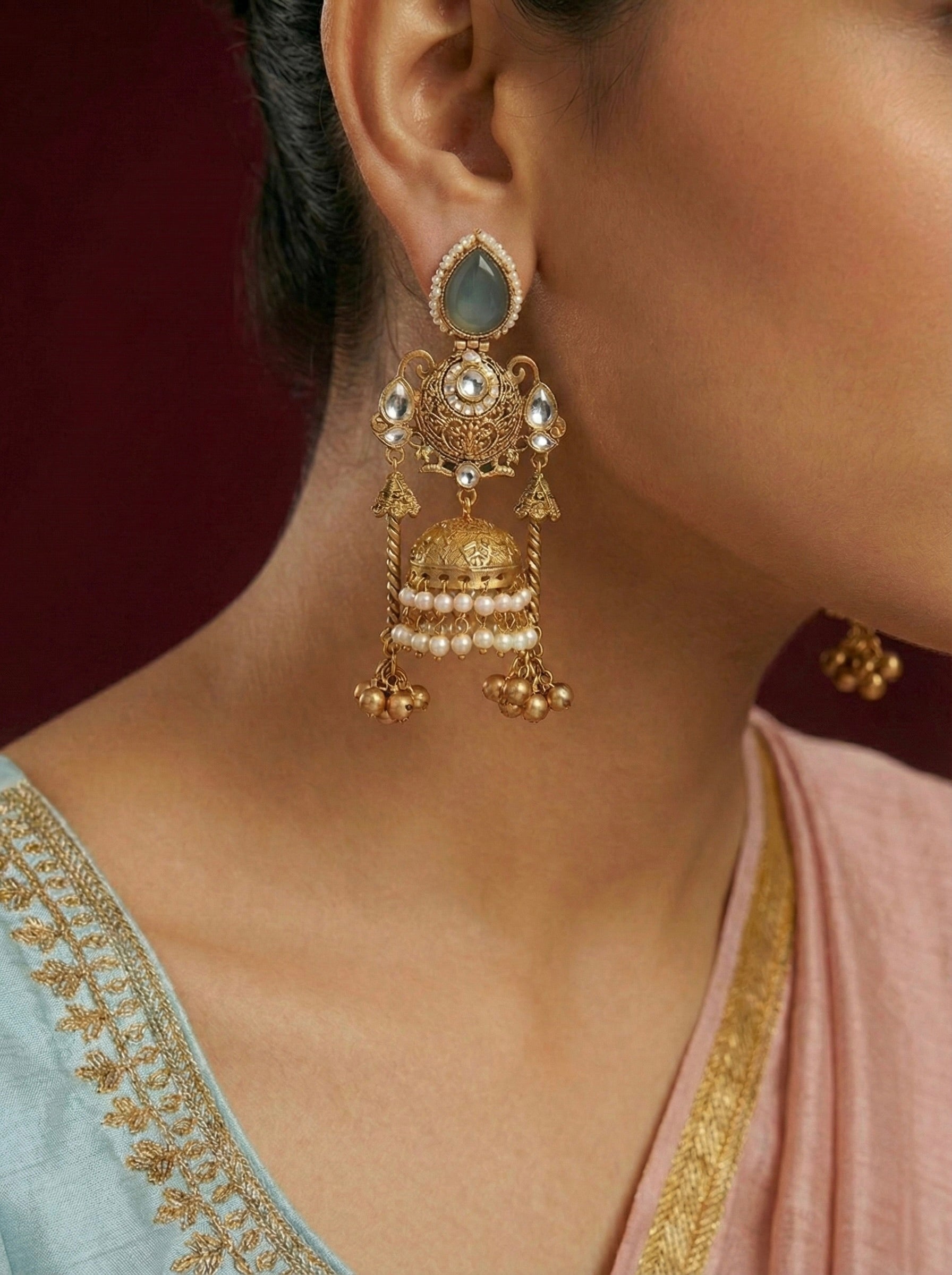 Dual Dome Pearl Jhumka Earrings Close Up – Bridal Jewellery
