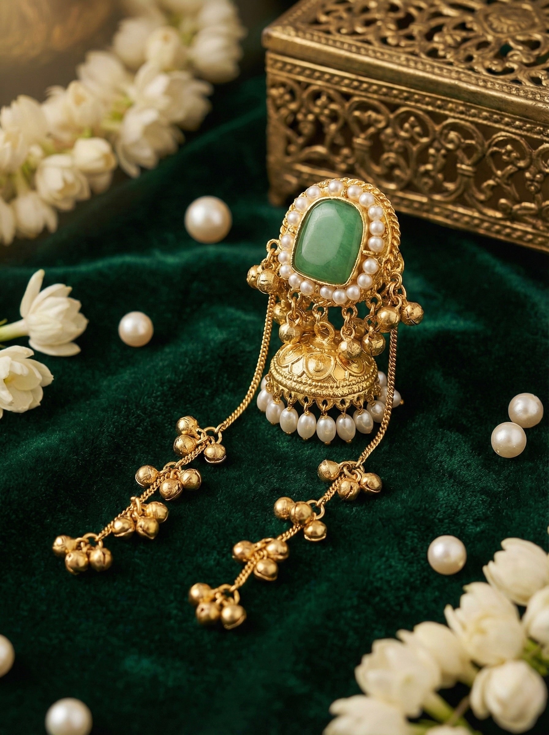 Mint Green Stone Jhumar Earrings with Antique Gold & Pearl Tassel Danglers