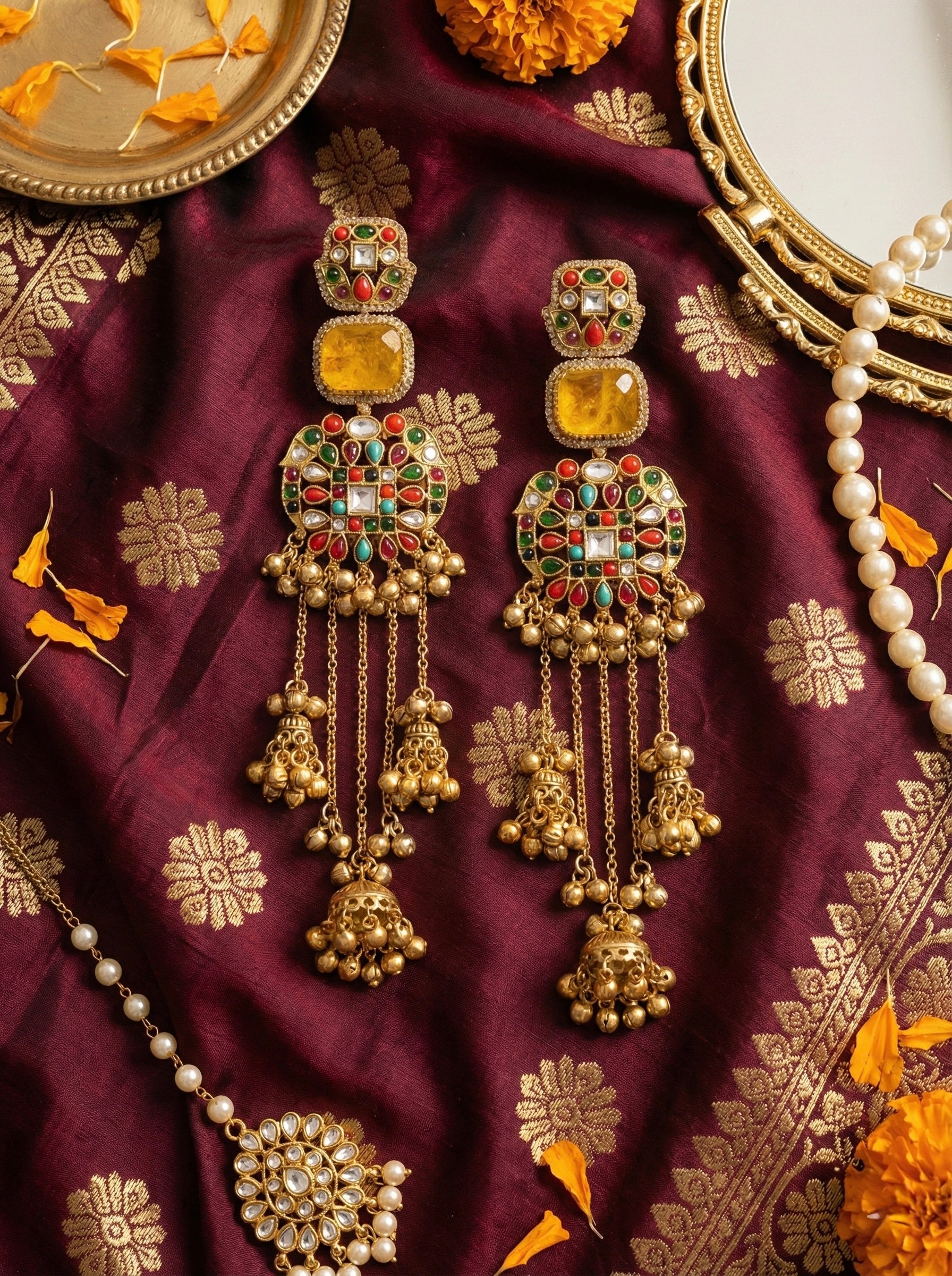 Multicolour kundan long dangler earrings with yellow stone centerpiece