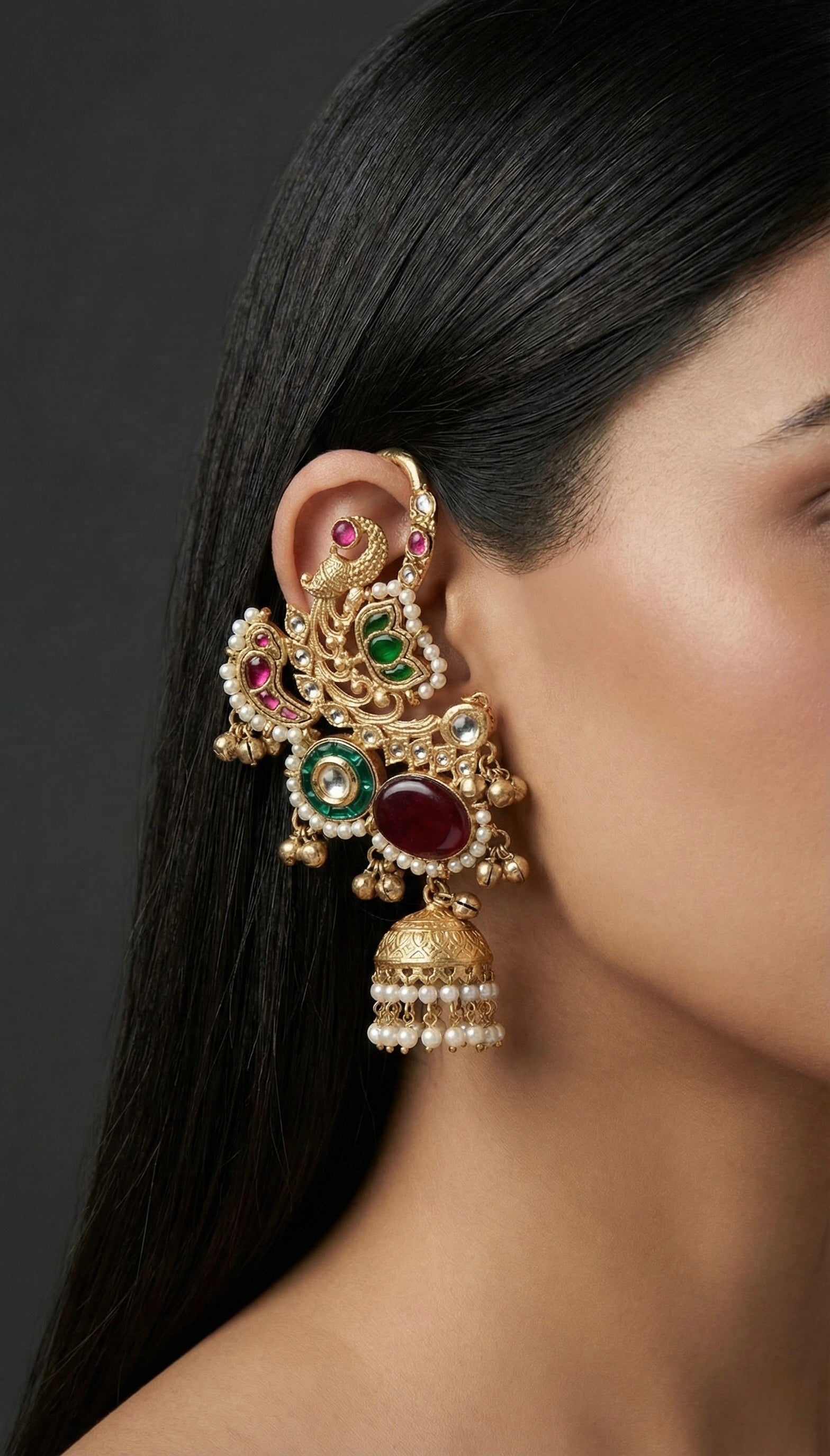 Peacock Bridal Jhumkas with Pearl Dome and Kundan Accents on Model