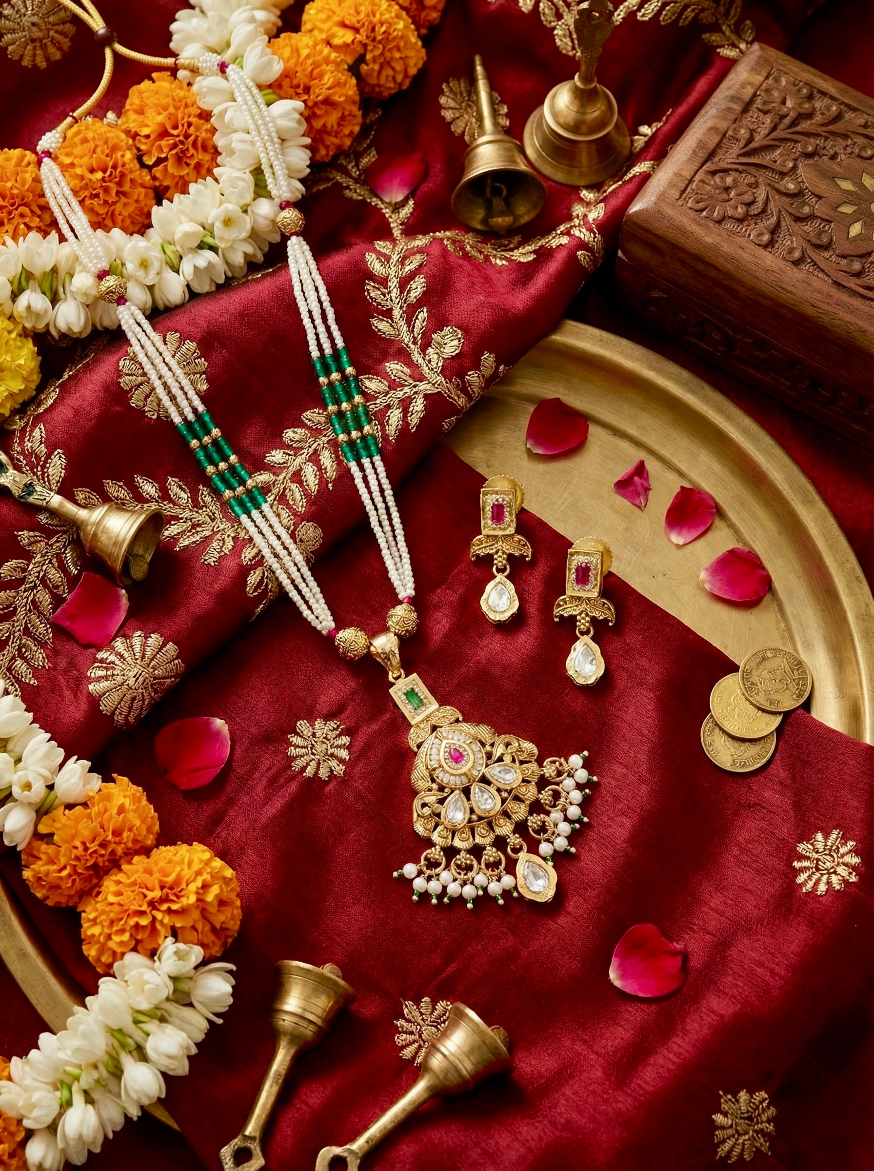 Neelambari Pearl Royale necklace set flatlay styled for festive or bridal trousseau elegance