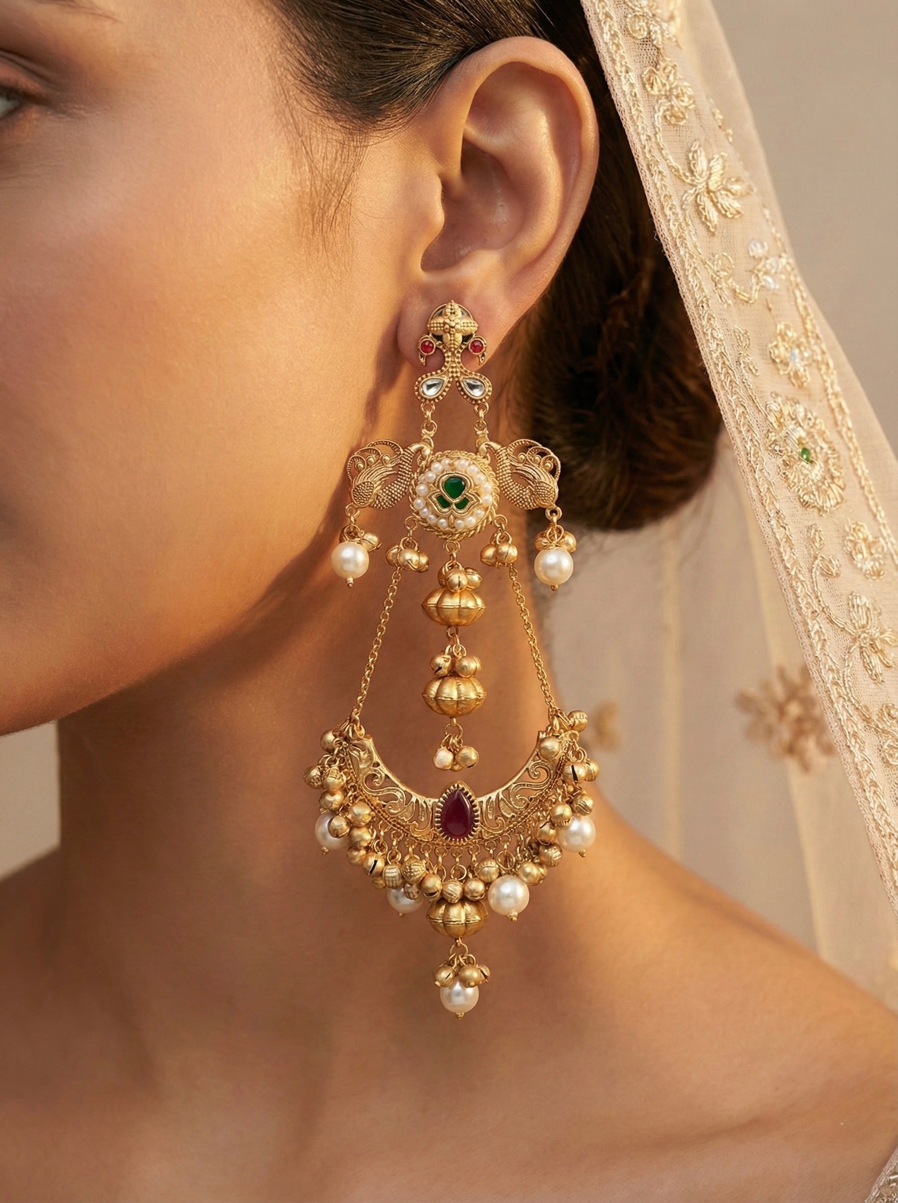 Peacock Danglers with Pearl Dome Jhumkas on Model