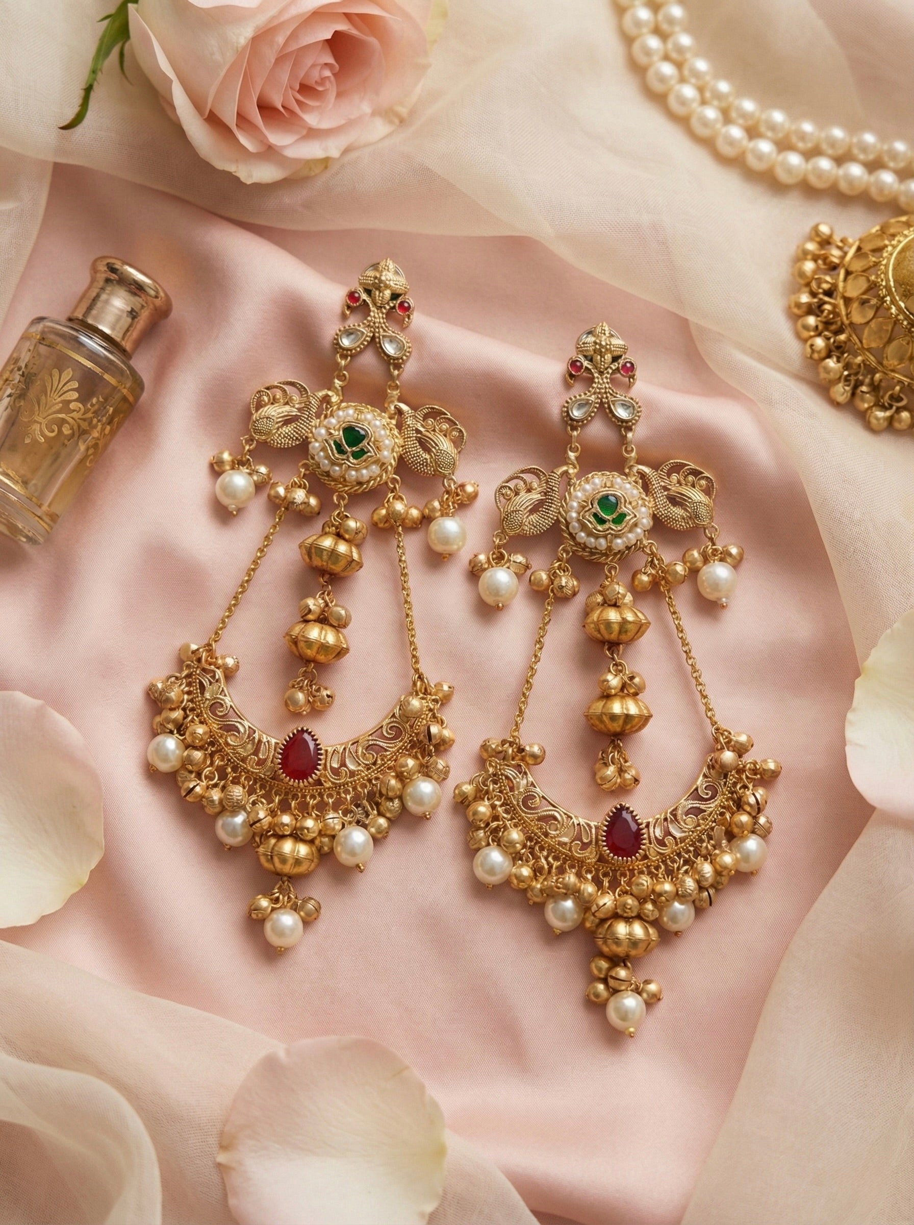 Traditional Indian Peacock Bridal Jhumka Earrings – Antique Gold & Pearl