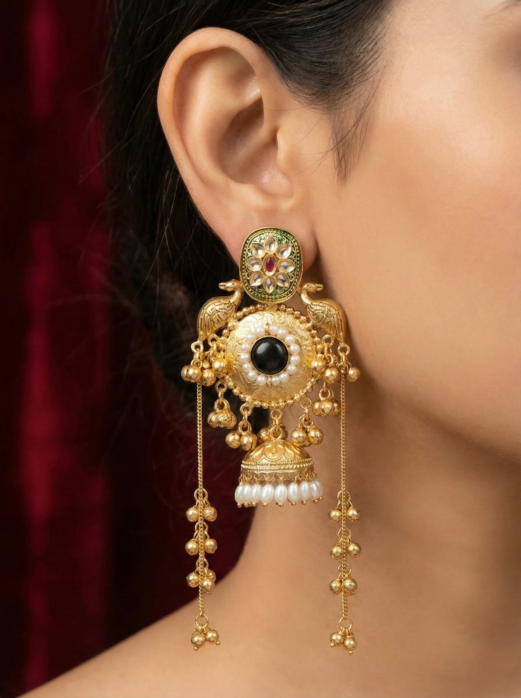 Bridal Peacock Statement Earrings with Kundan and Pearl Danglers