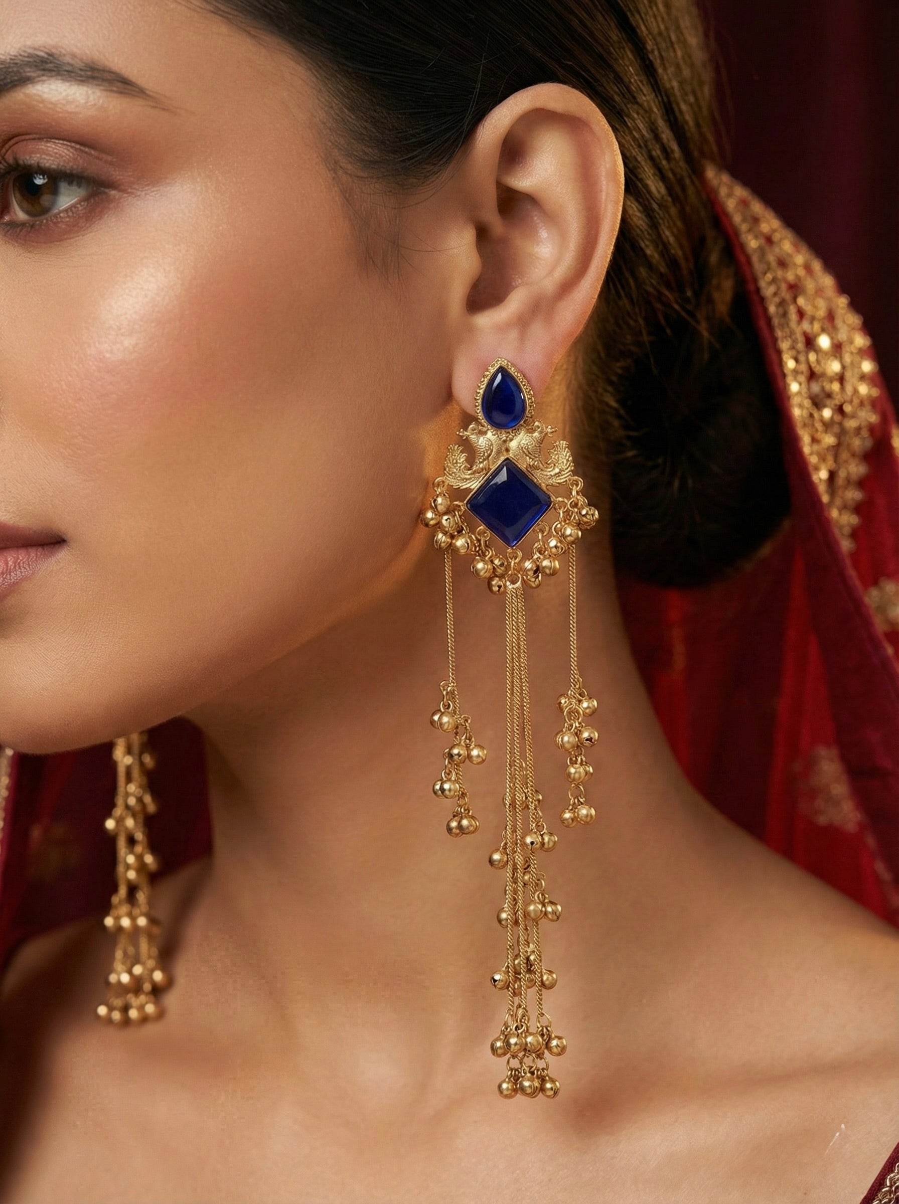 “Traditional Peacock Earrings with Long Tassel and Ghungroo for Weddings