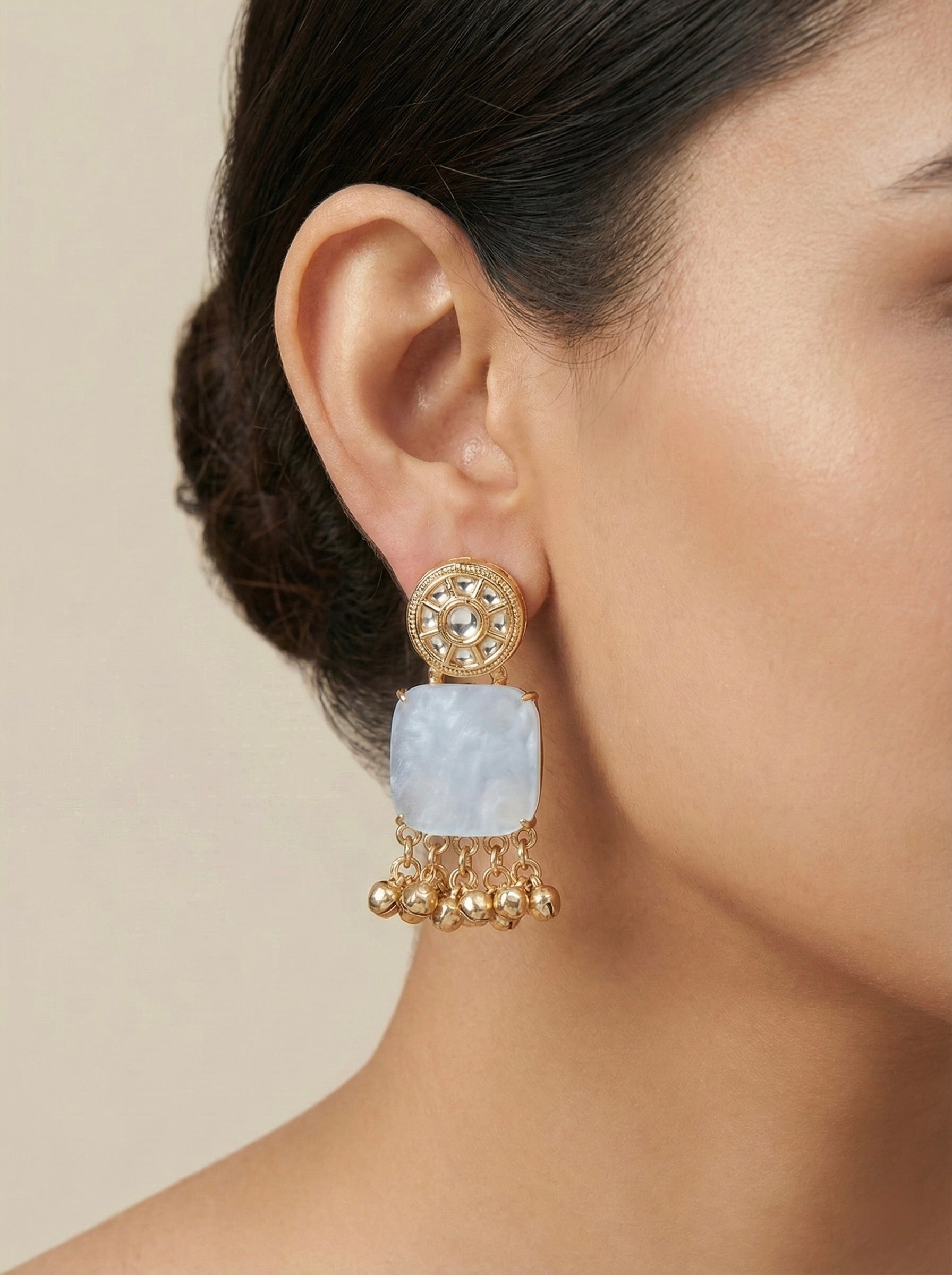 Festive White Pearl Danglers with Kundan and Ghungroo Detailing