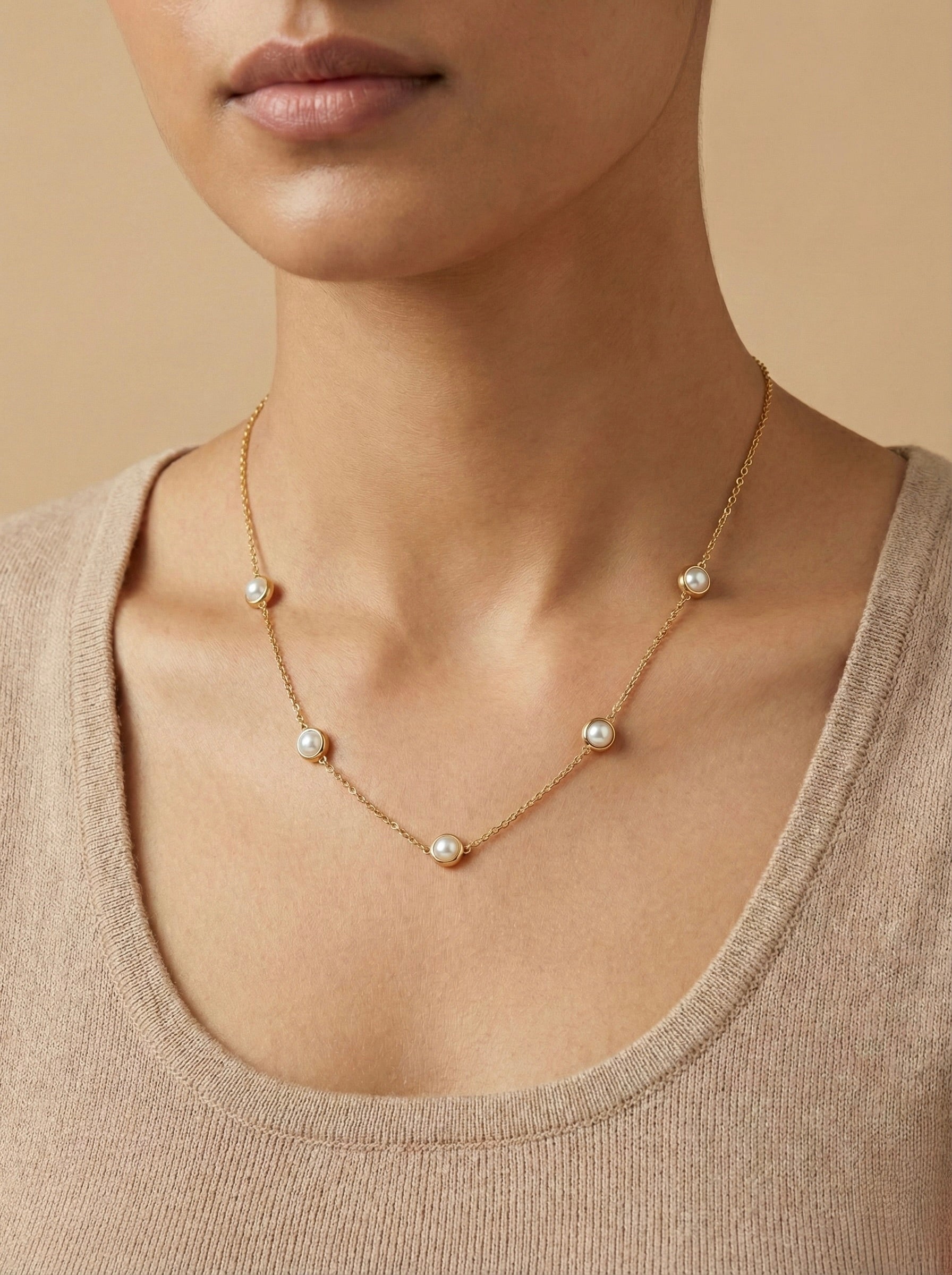 Perlisse Aura pearl station necklace in anti-tarnish gold finish styled by model 