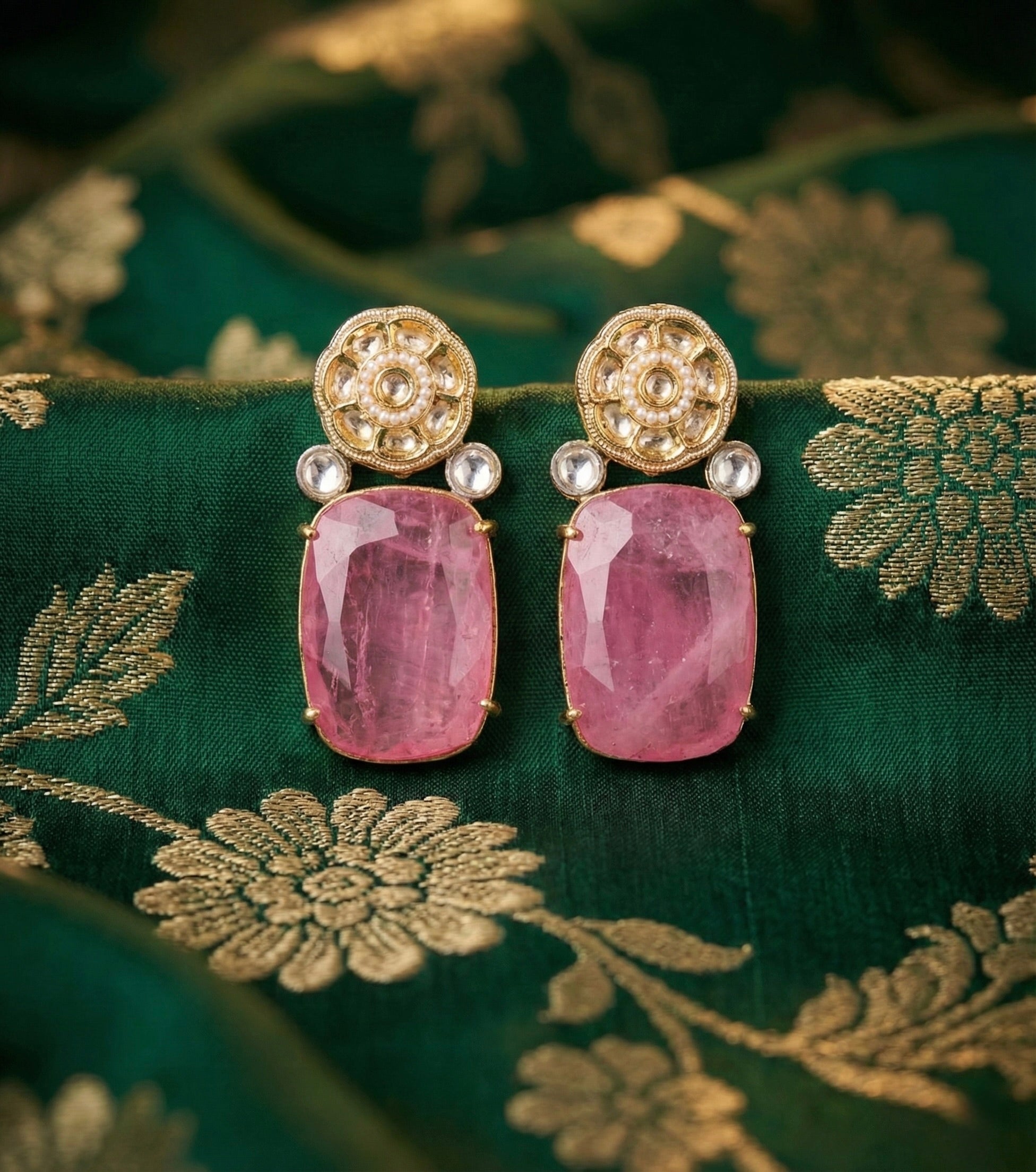 Pink Polished Stone Dangler Earrings with Antique Gold Kundan Stud