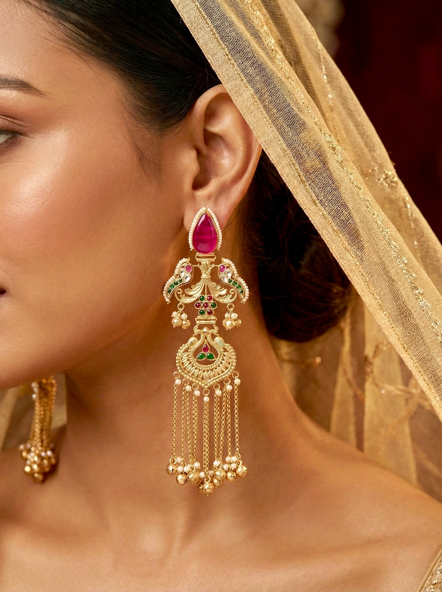 Pink Top Peacock Passa Earrings on Model – Festive Bridal Accessory