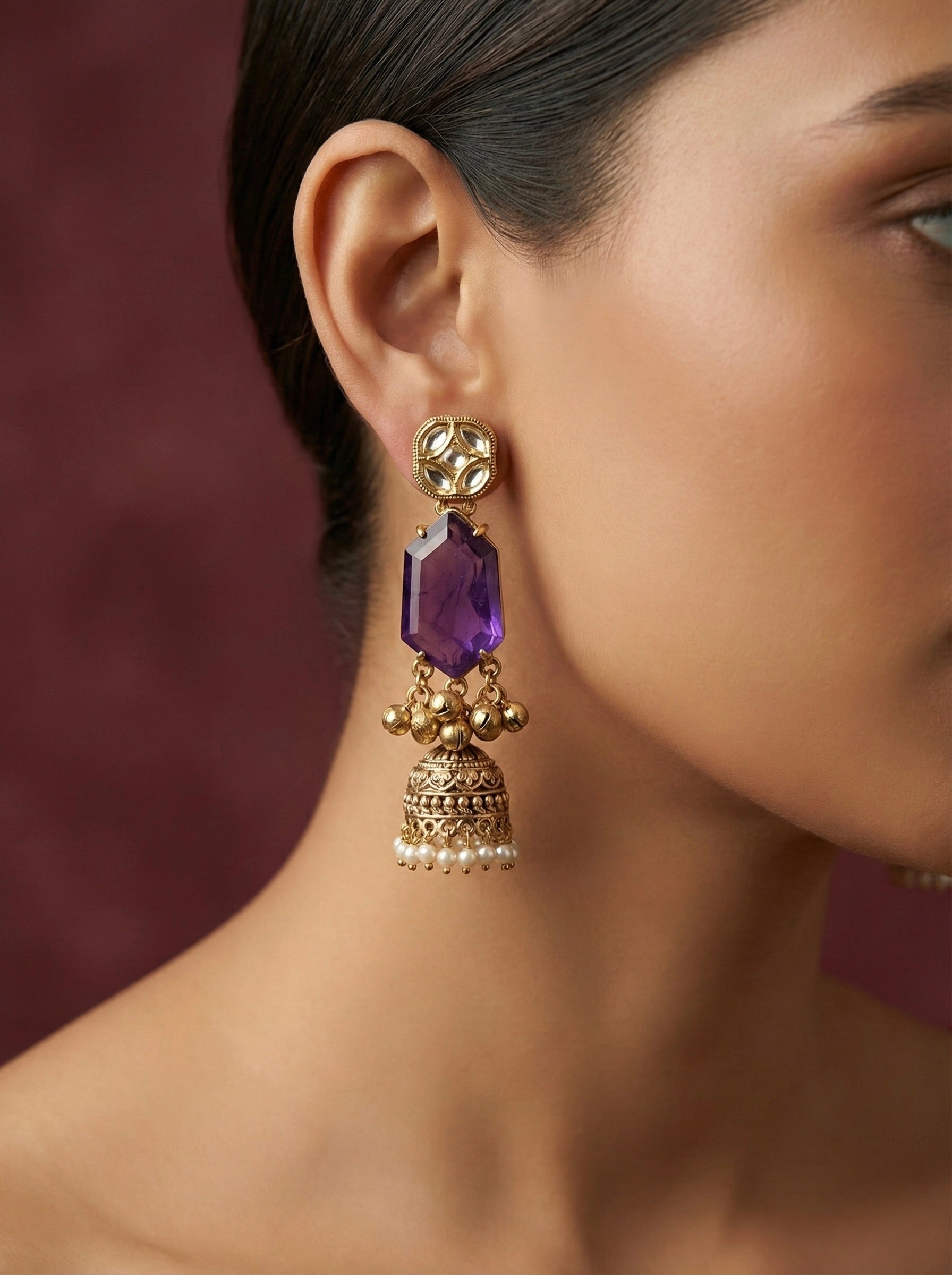 Purple Jhumka Earrings on Model with Crystal Droplet Detailing