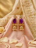 Purple Stone Drop Jhumka Earrings with Lightweight Gold Finish & Crystal Drop