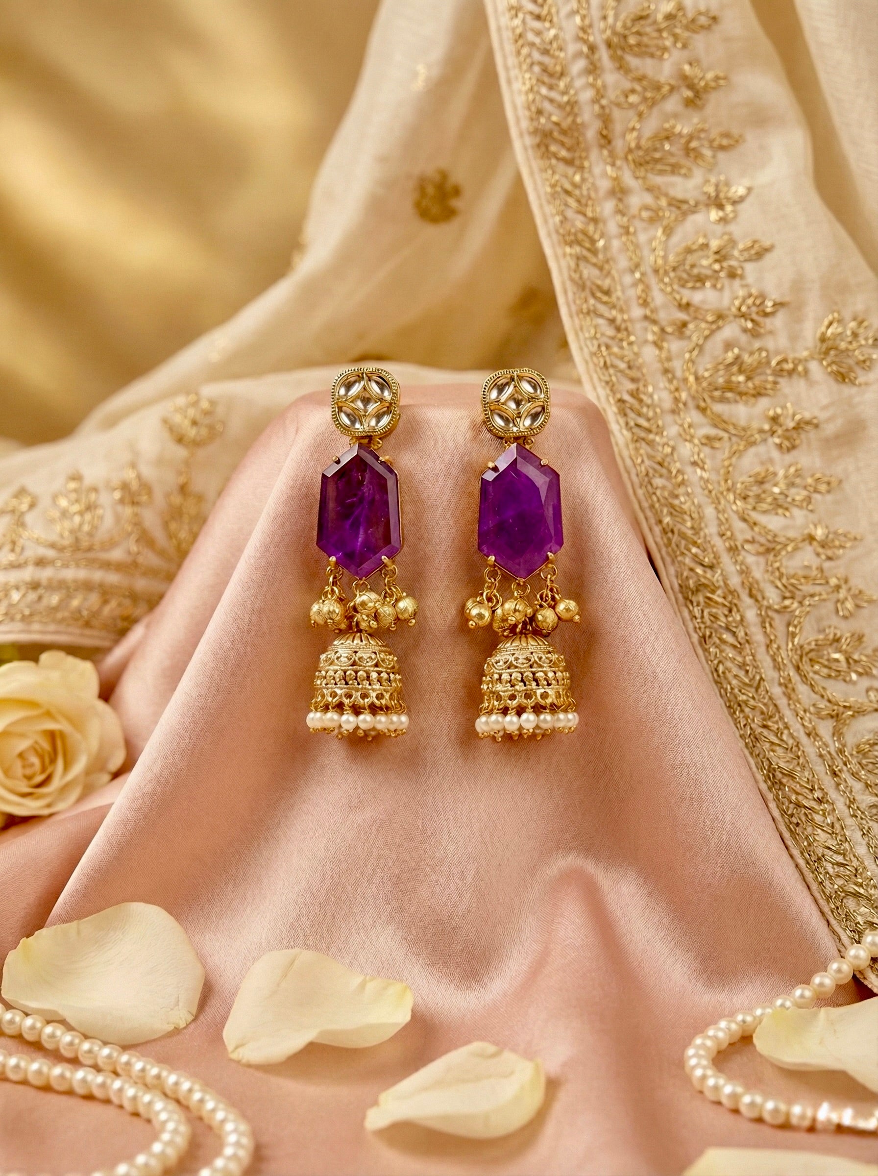 Purple Stone Drop Jhumka Earrings with Lightweight Gold Finish & Crystal Drop