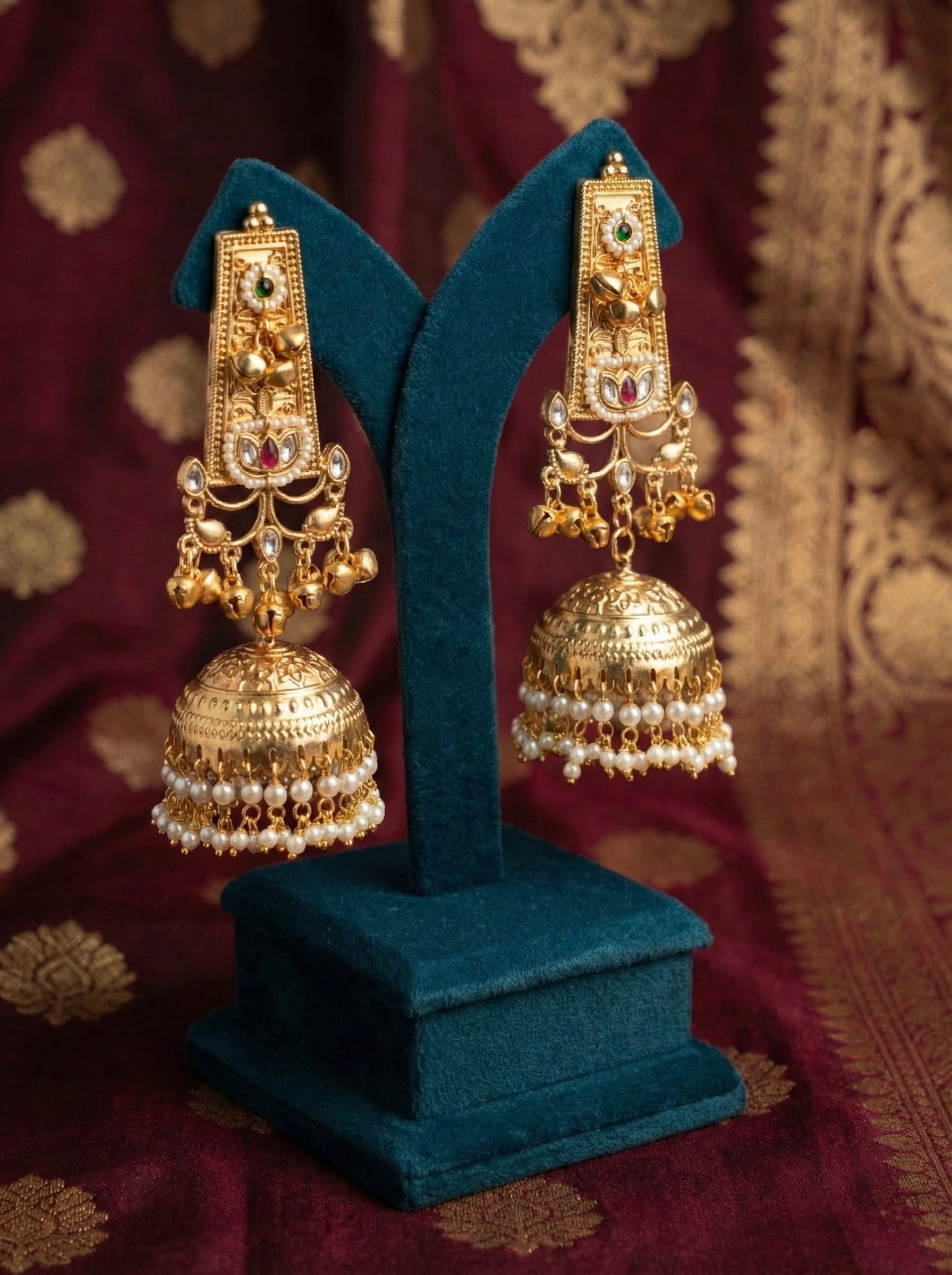 Rectangle Top Jhumka Earrings with Pearl Dangle for Festive Wear
