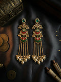 Festive Red Green Kundan Earrings with Long Tassel Design