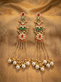 Red-Green Meenakari Kundan Tier Earrings with Red & Green Enamel, Pearl Tassels & Ghungroos