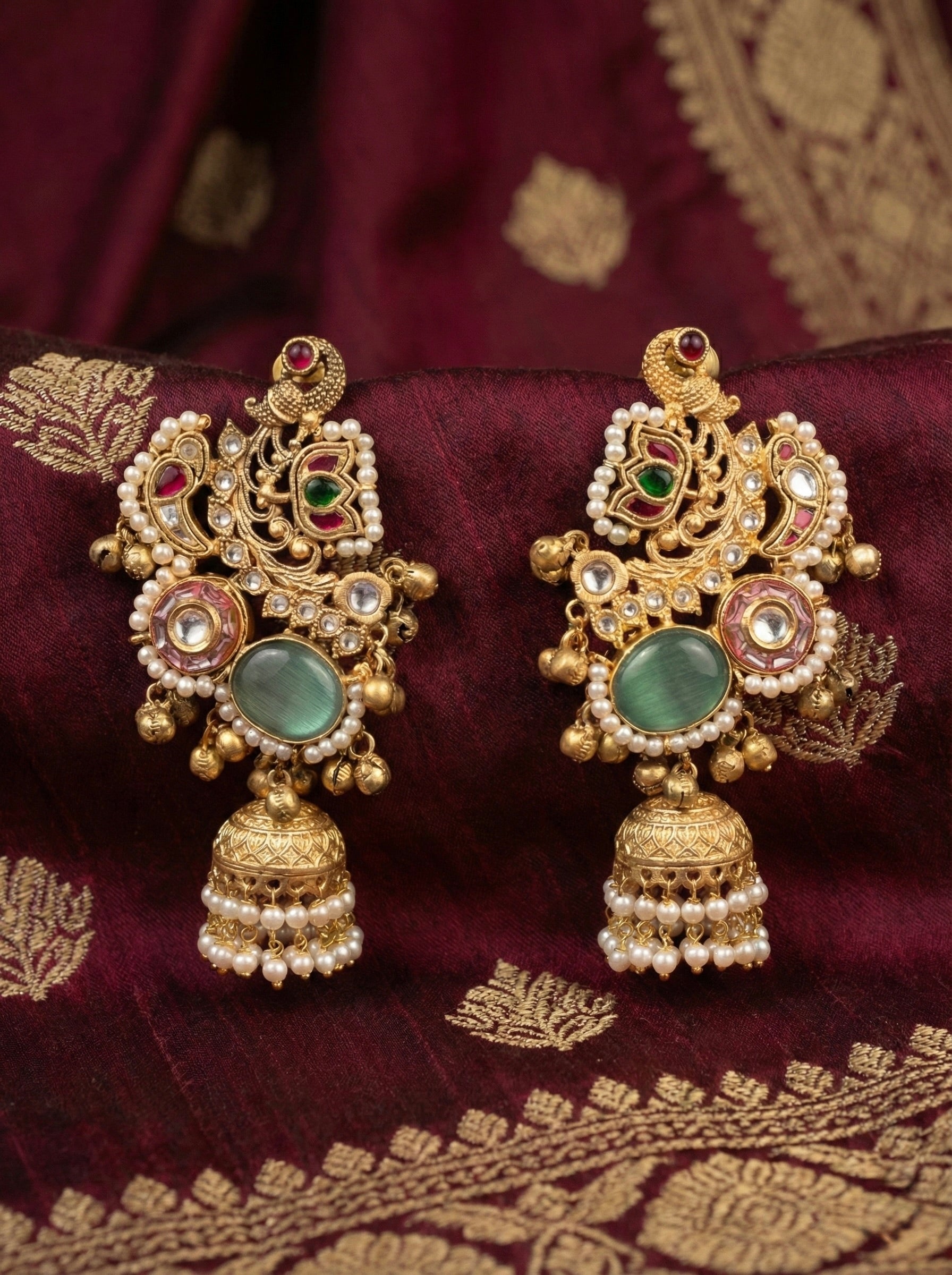 Regal Peacock Meenakari Jhumka Earrings with Multicolour Kundan & Pearl Bridal Dangler with Mint Green Stone