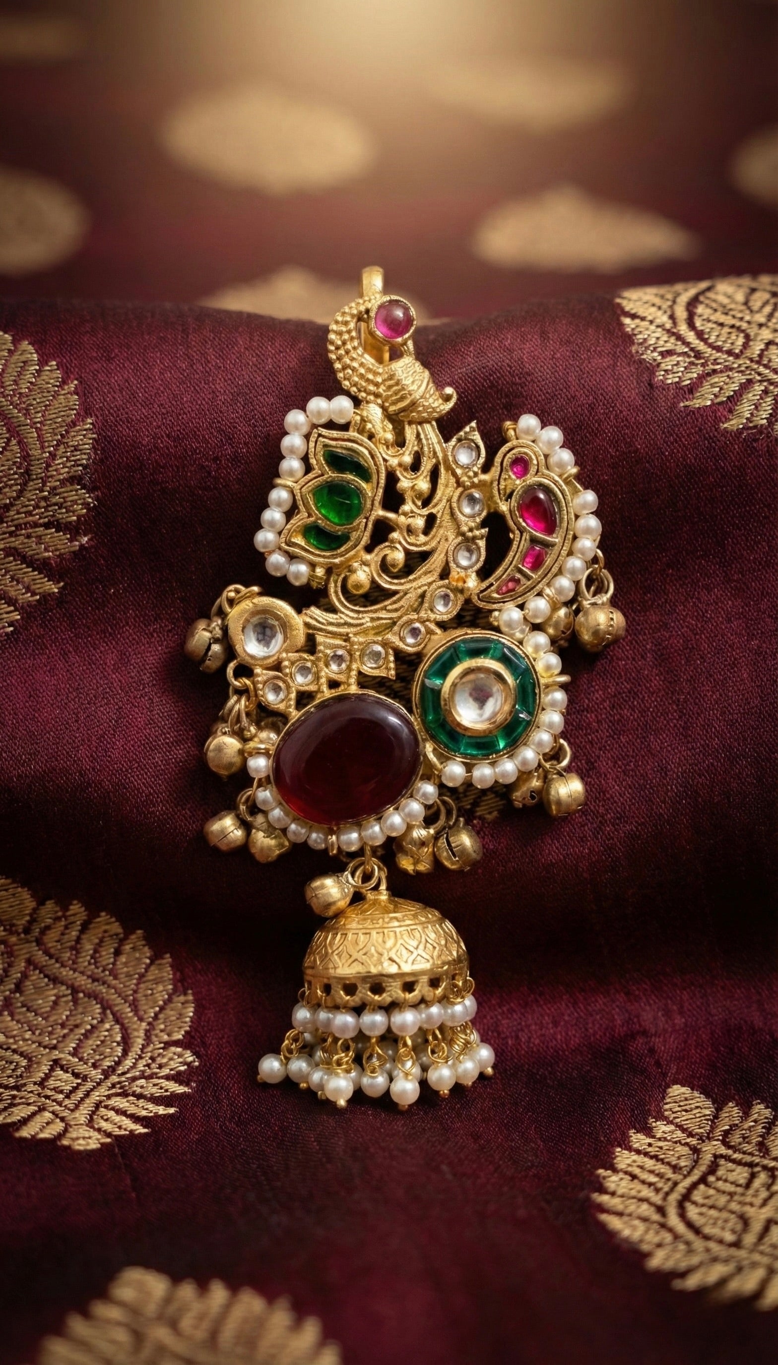 Regal Peacock Meenakari Jhumka Earrings with Multicolour Kundan & Pearl Bridal Dangler