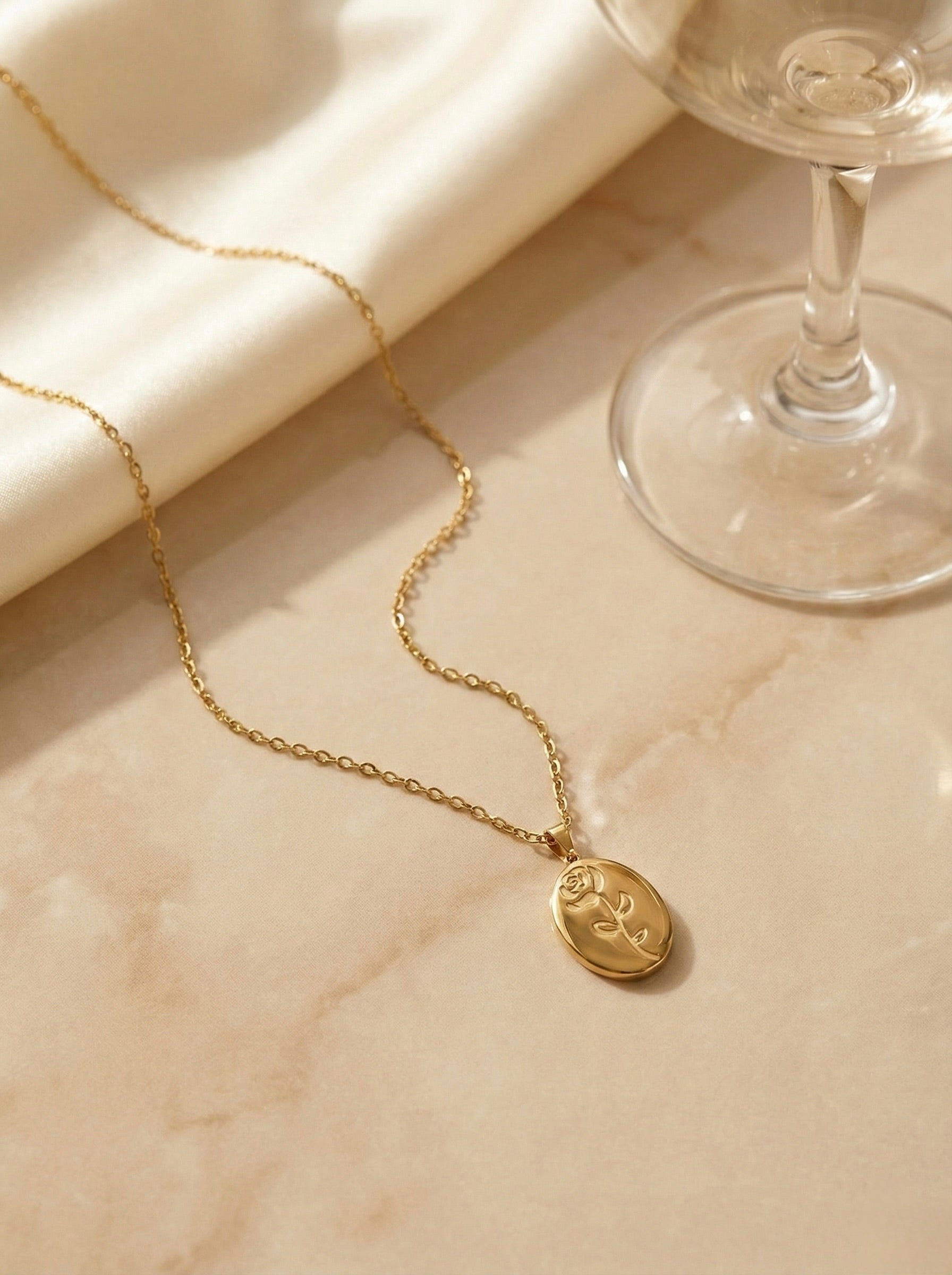 Roseline oval rose pendant necklace in anti-tarnish gold finish for women