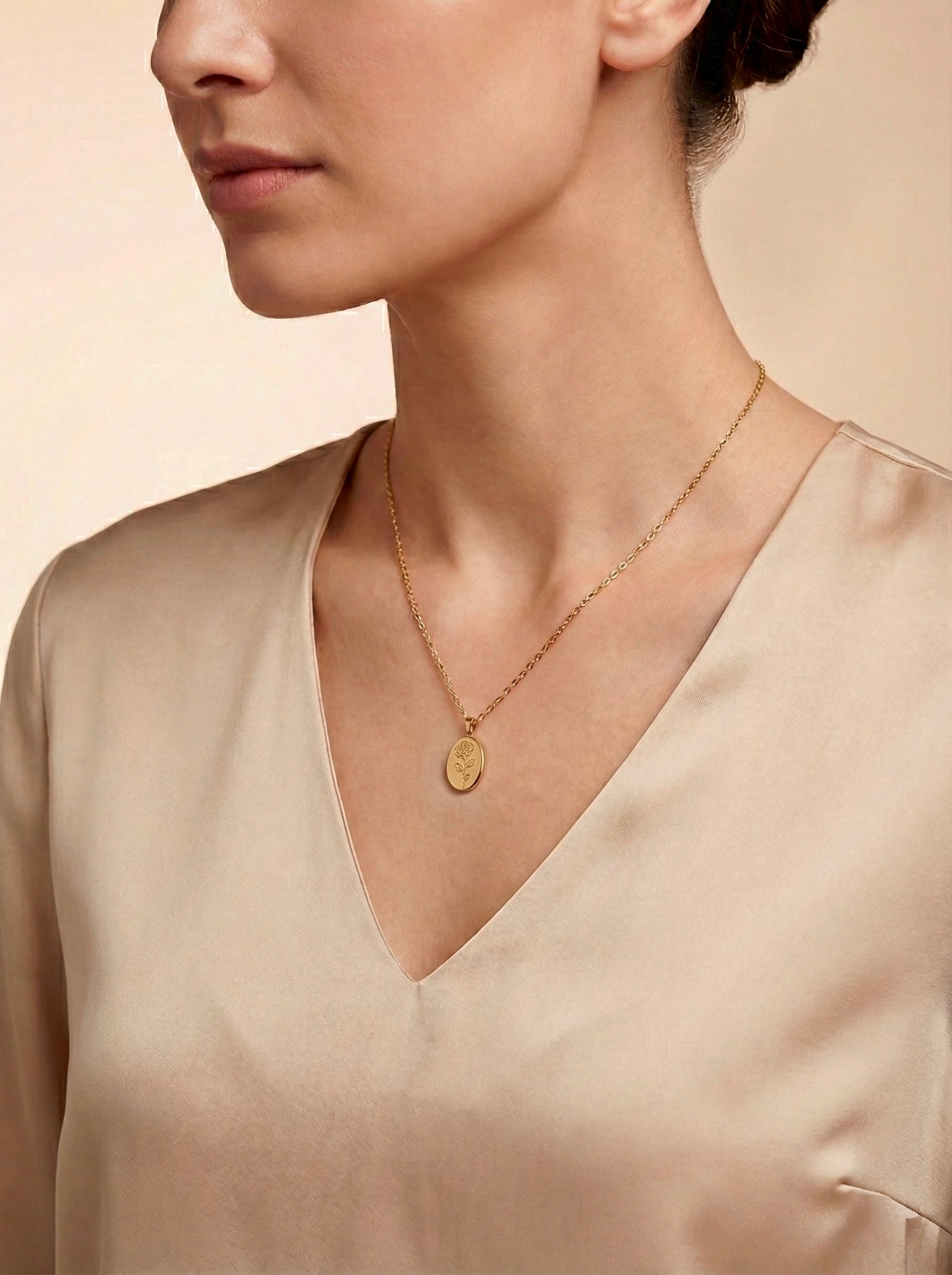 Roseline oval rose gold necklace styled for everyday elegance on a model