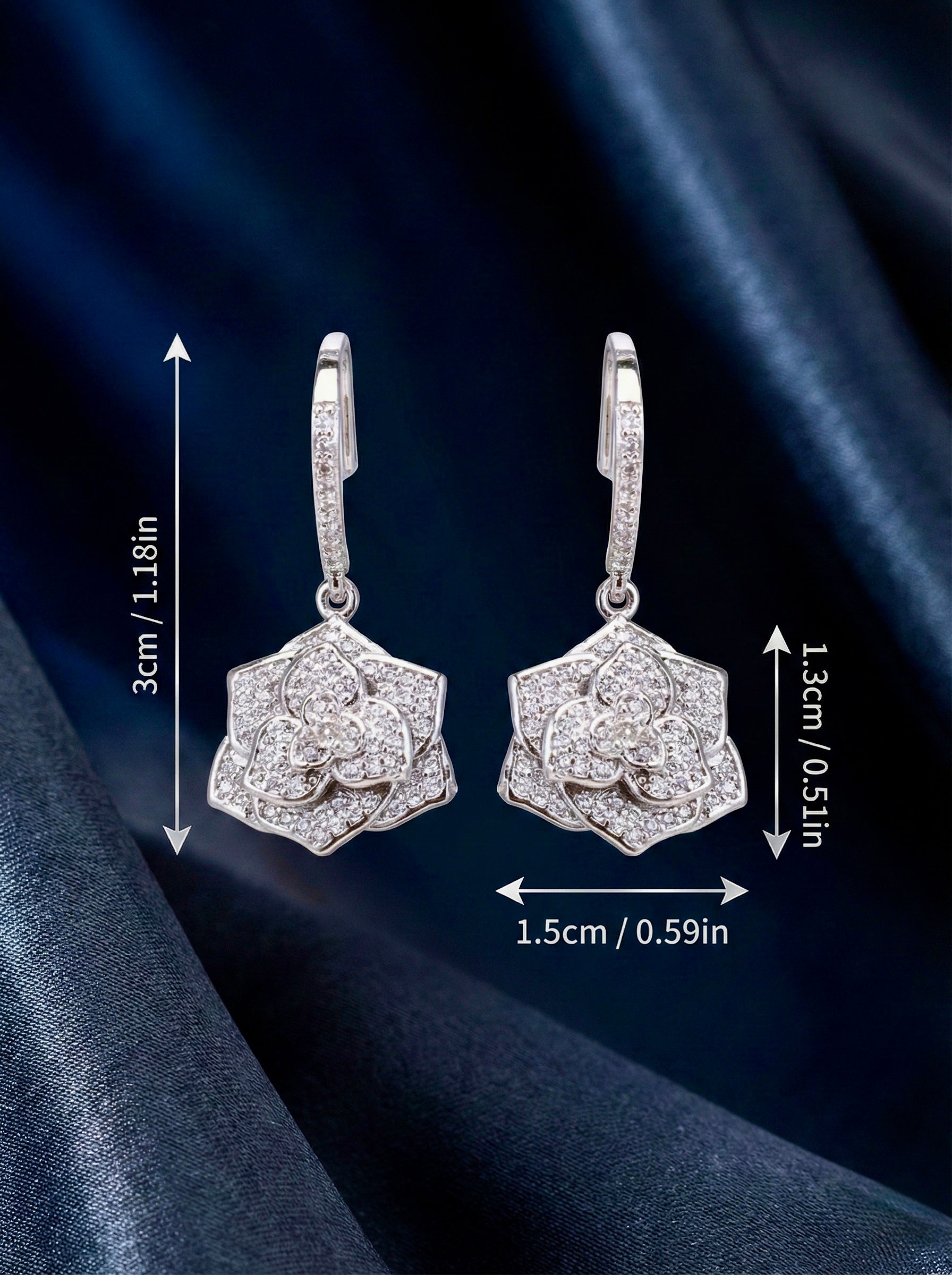 Measurement details of Roselle Bloom silver floral CZ drop earrings showing detailed crystal petals