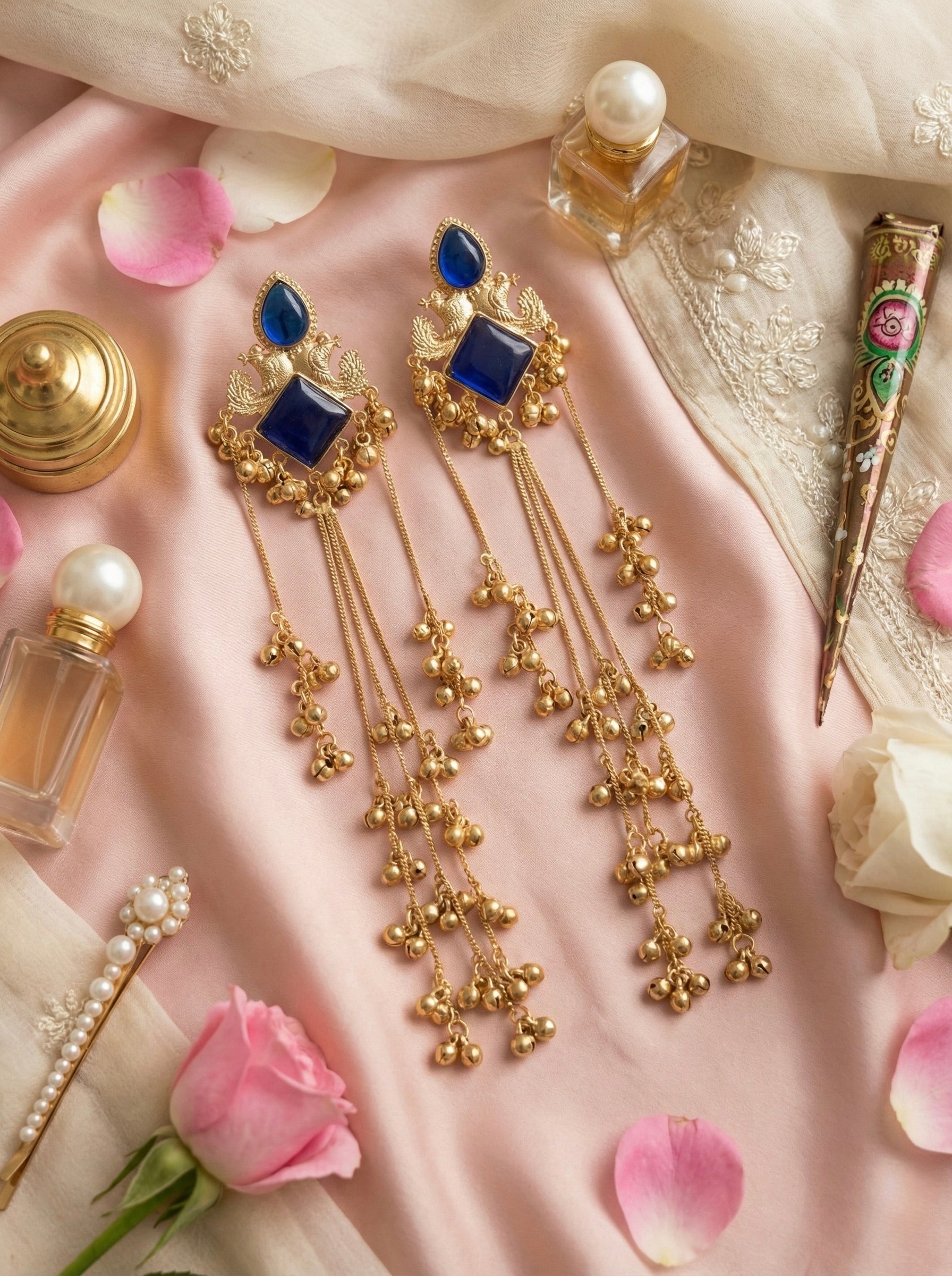 Royal Blue Peacock Motif Earrings with Antique Gold Tassel Ghungroo Danglers