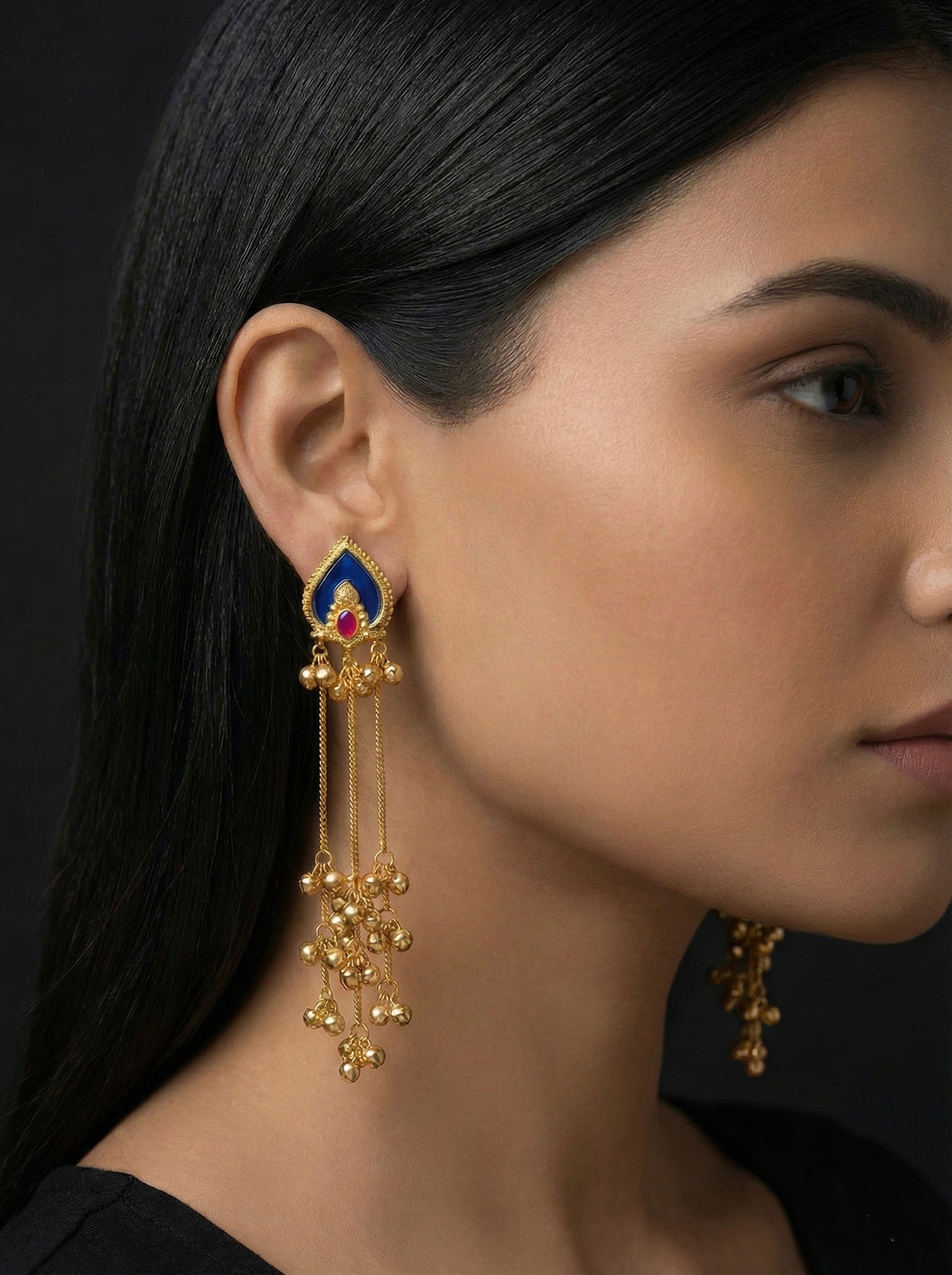 Antique Gold Temple Drop Earrings with Red Stone — Sajheera
