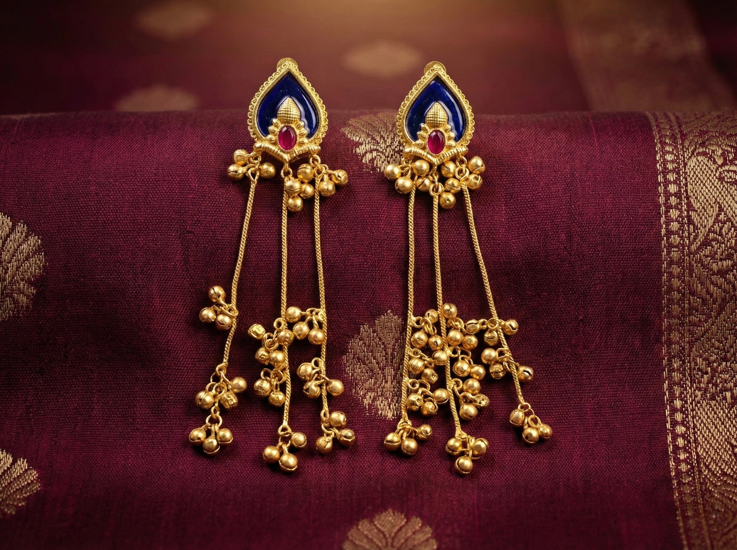 Royal Blue Temple Drop Earrings with Antique Gold Tassel Ghungroo Dangler and Red Stone Accent