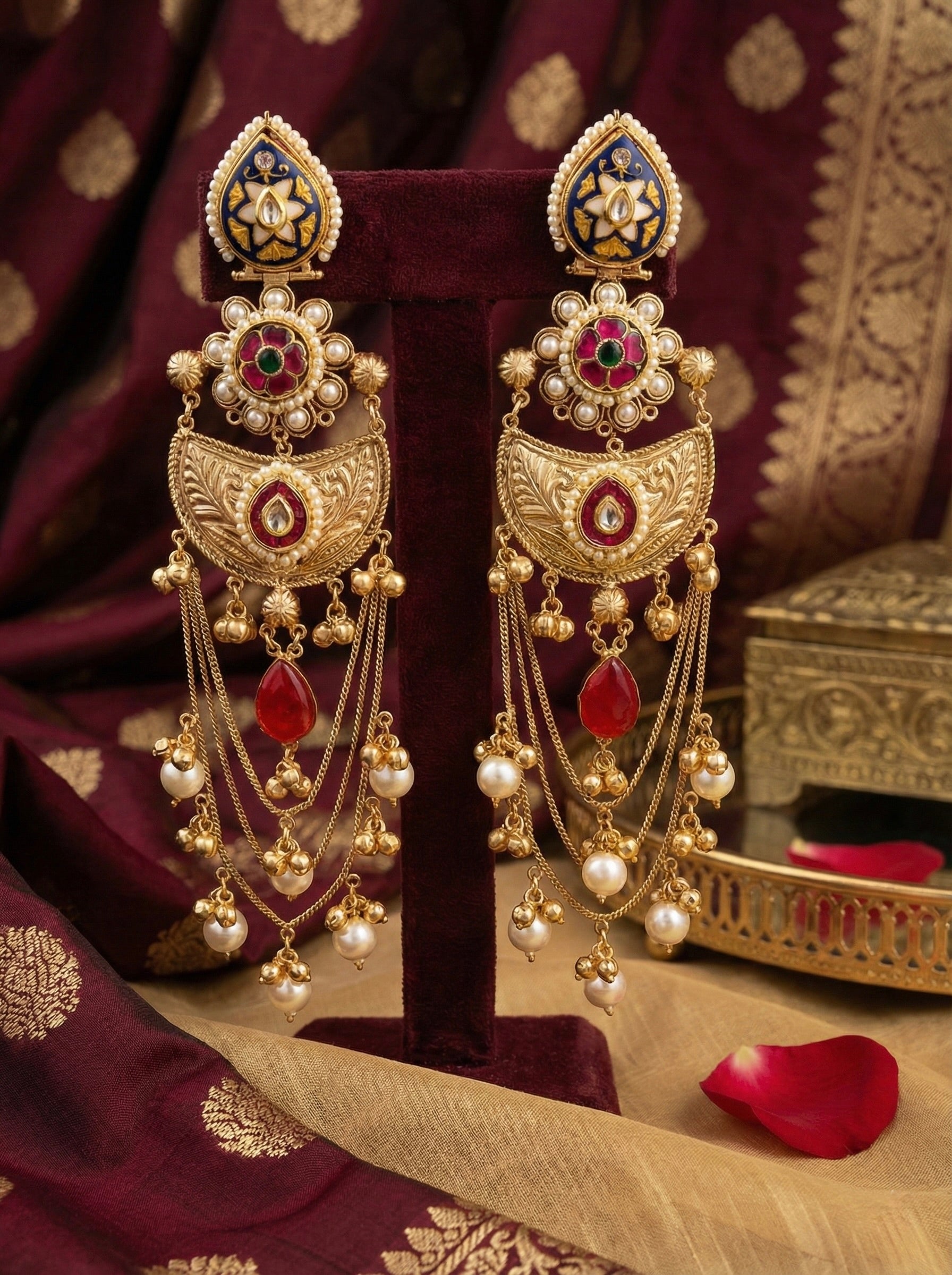 Royal Meenakari Blue & Ruby Layered Earrings by Sajheera
