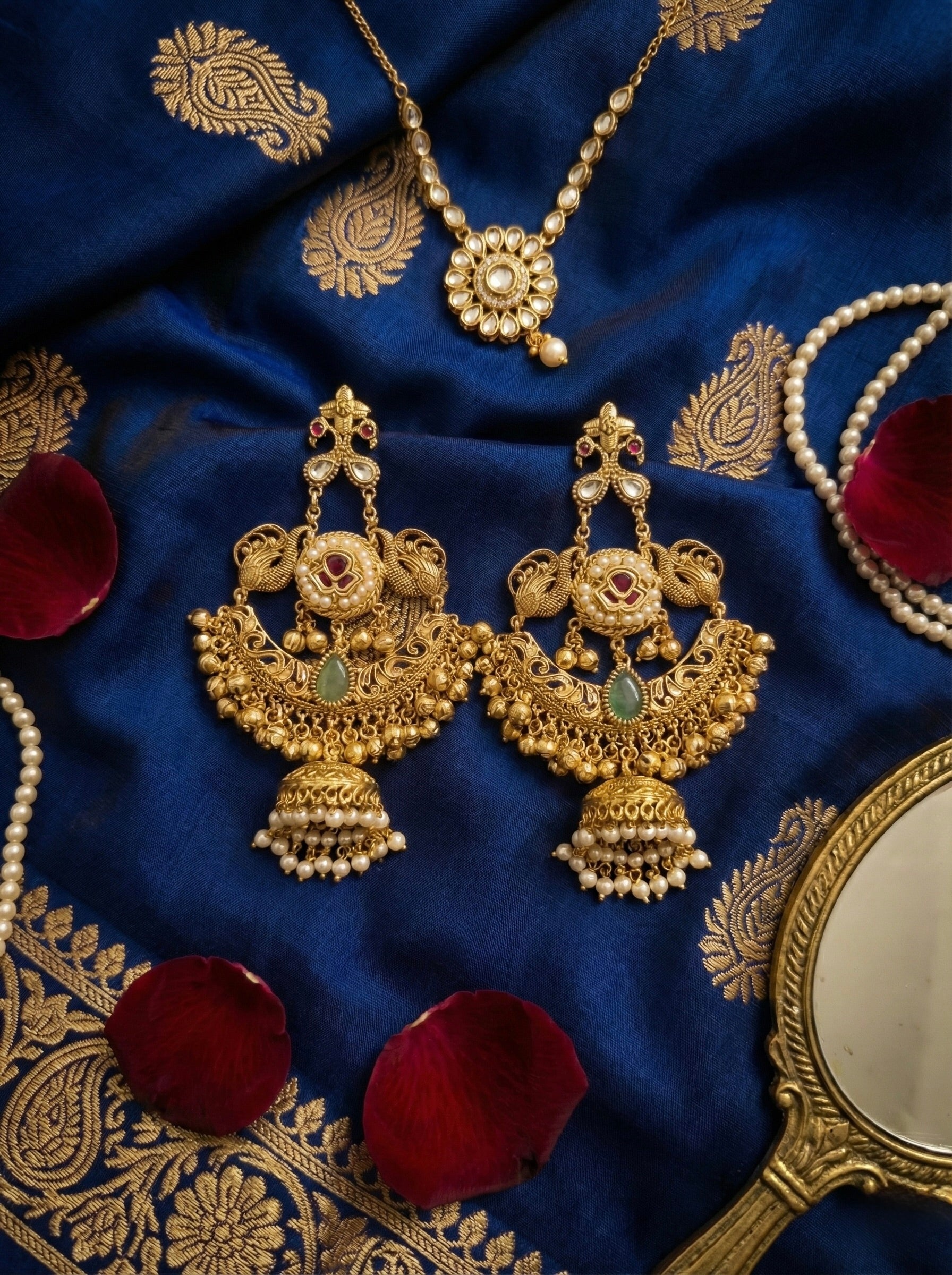 Peacock Kundan earrings styled with traditional ethnic wear