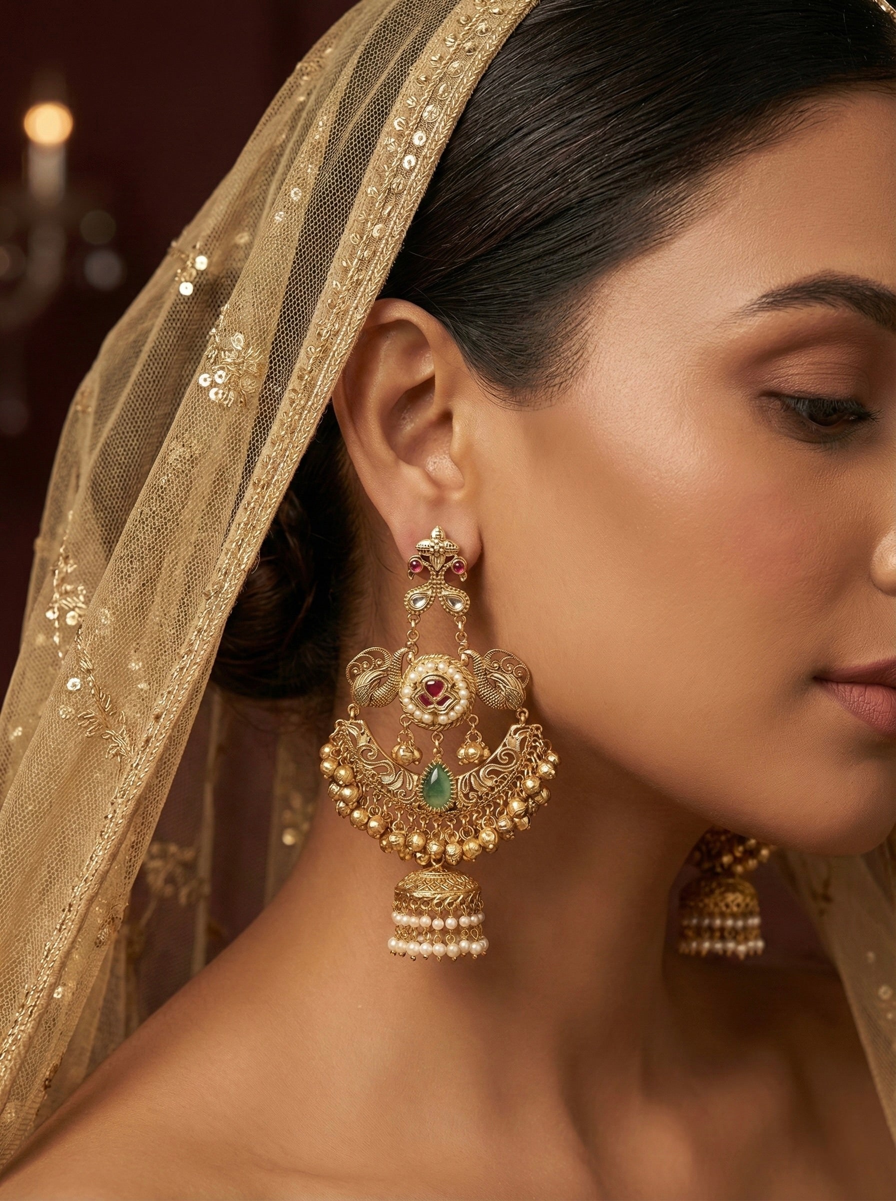 Traditional peacock motif kundan earrings with layered jhumka and enamel