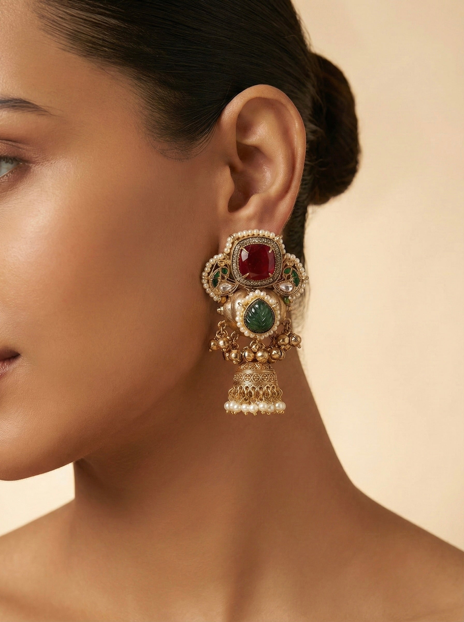 “Sajheera Signature Royal Ruby Jhumka Earrings on Model