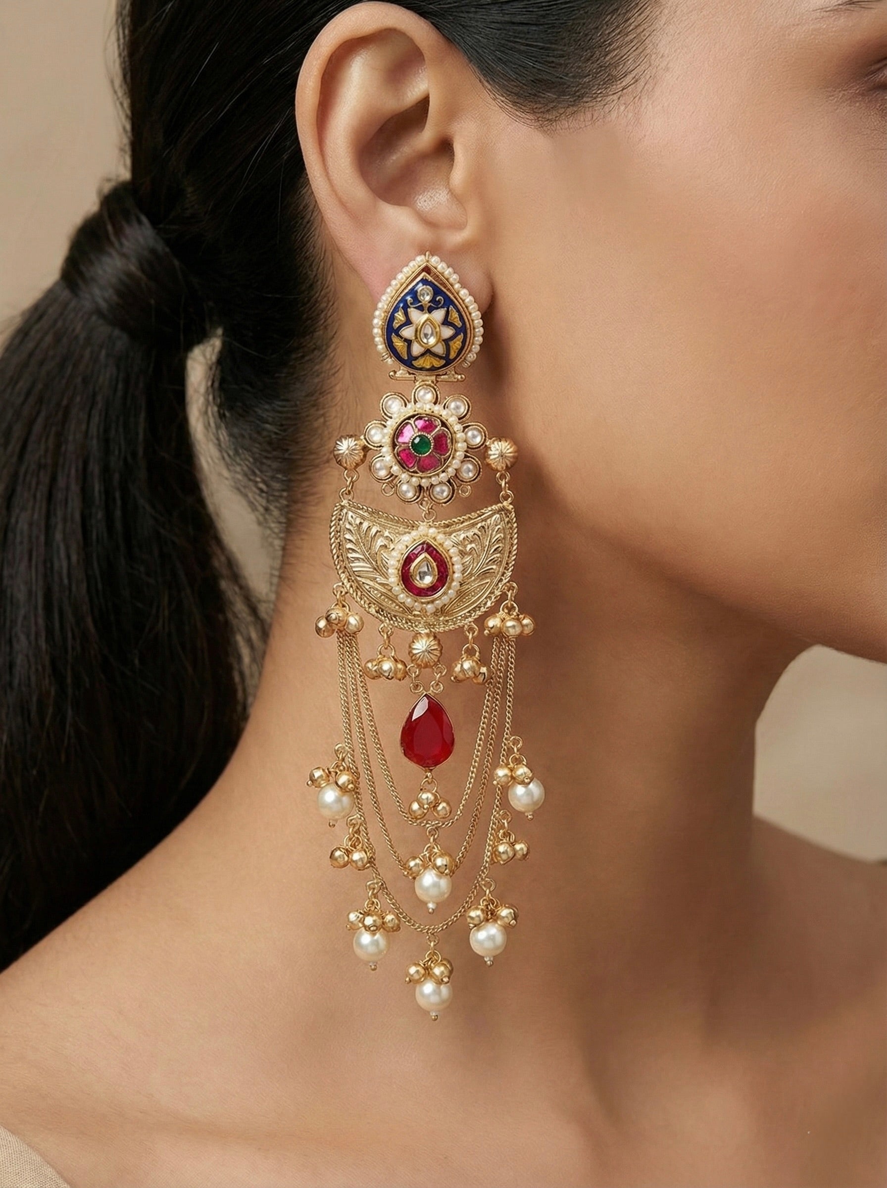 Meenakari Earrings with Blue & Ruby Stones Layered Design