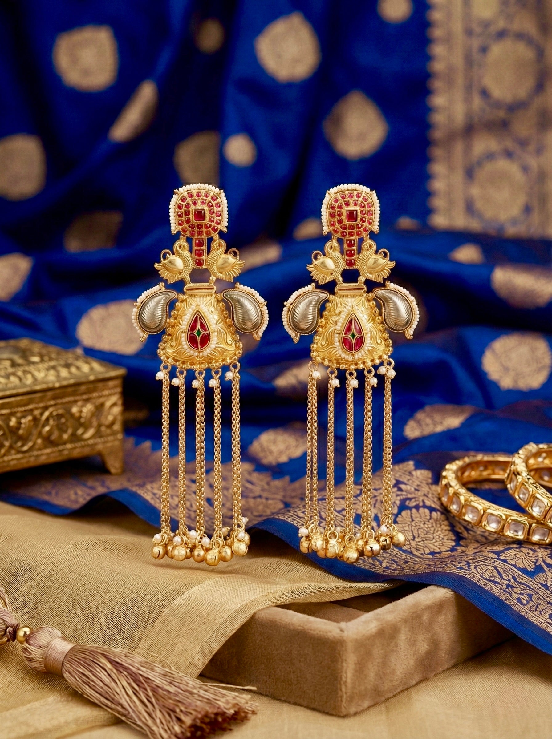 Peacock Style Ruby Kundan Long Danglers Bridal Earrings