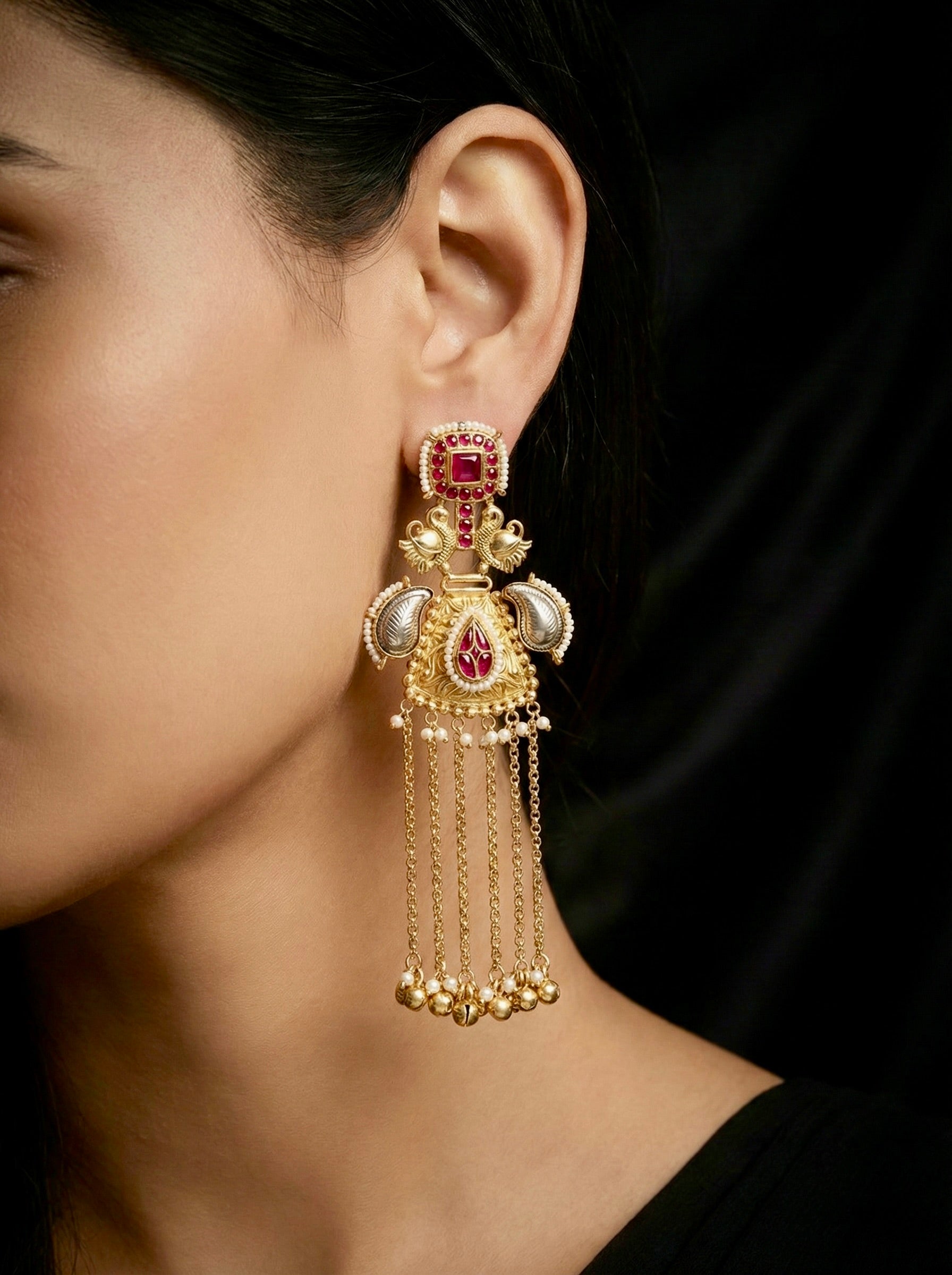 Ruby Kundan and silver Peacock Long Earrings with Multi-Chain Ghungroo Drops