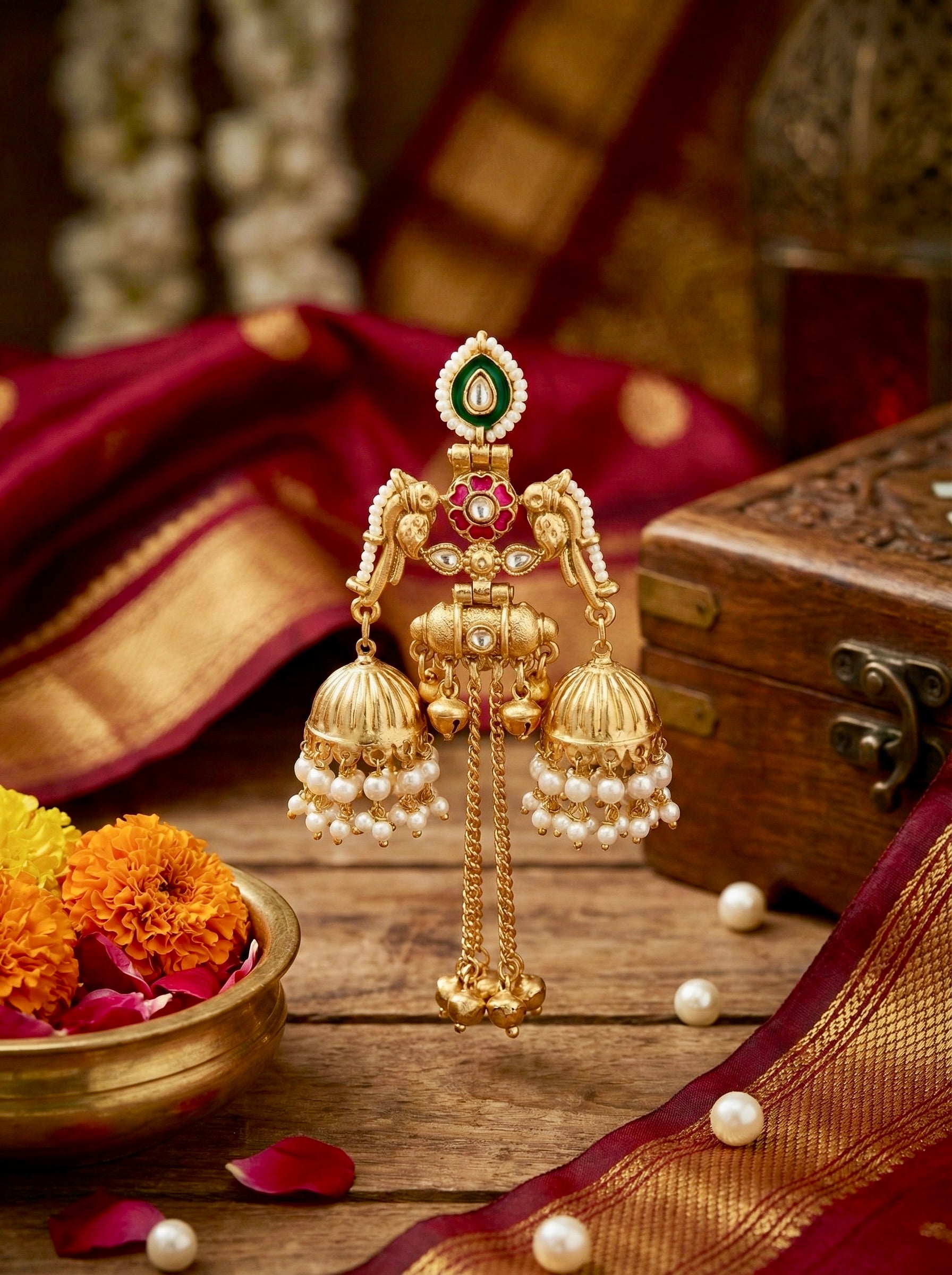 Temple Dual Jhumka Bird Motif Earrings with Antique Gold & Pearl Danglers