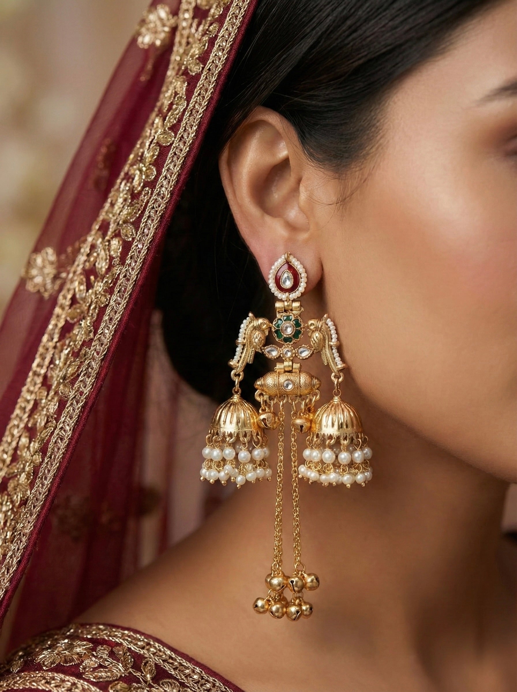 Ethnic Pearl Dangler Earrings – Antique Gold Temple Style