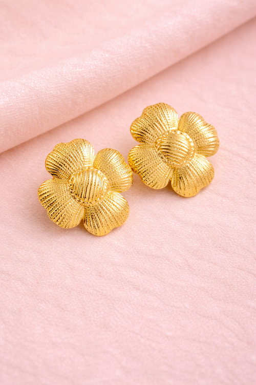 Bloom Flower Stud Earrings, waterproof anti-tarnish gold finish – Sajheera, view 1