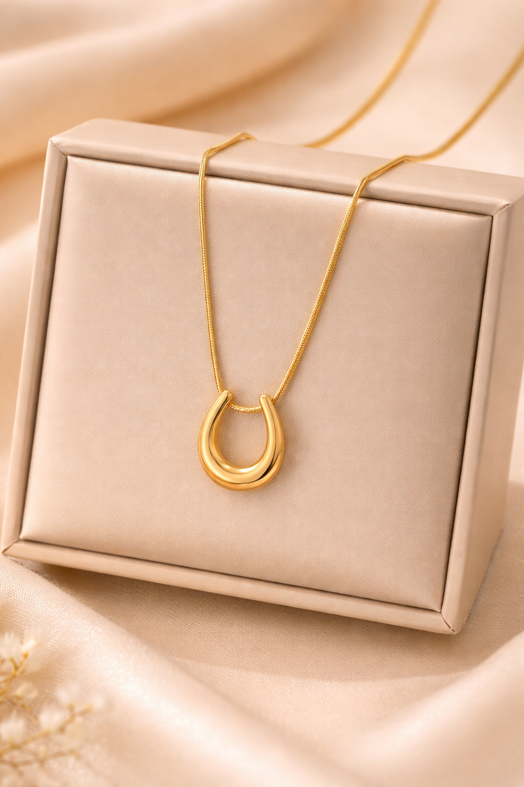Close-up of gold U-shaped pendant necklace with anti-tarnish coating