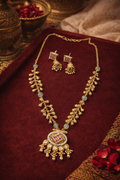 Vasundhara Royale antique gold kundan necklace set with pearl drops and matching jhumka earrings