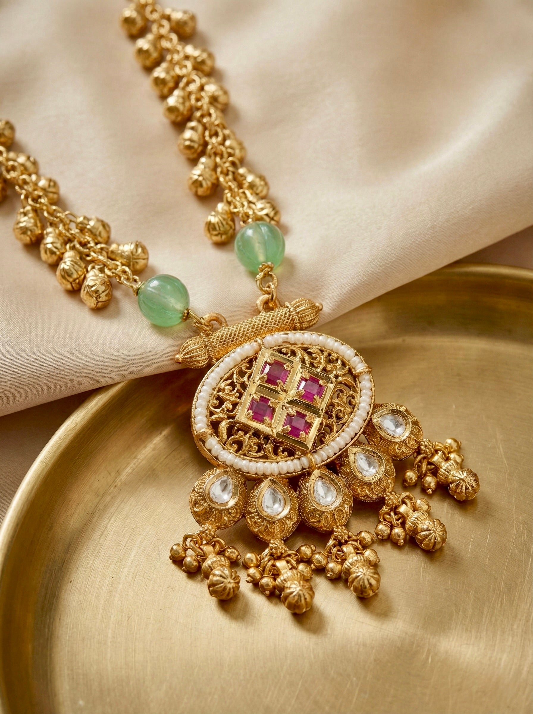 Close-up of Vasundhara Royale antique gold kundan necklace with lustrous pearl drop accents